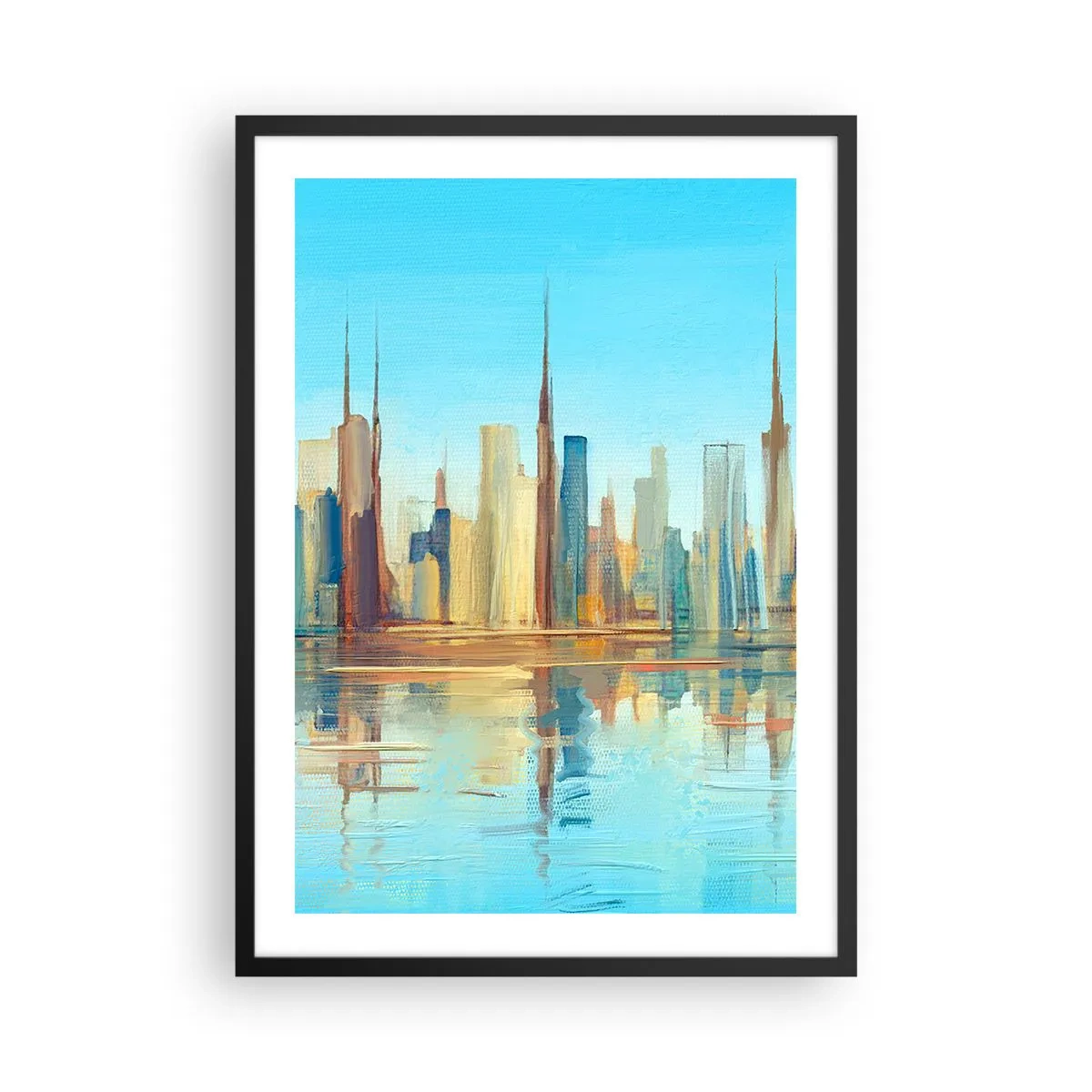 Poster în ramă neagră - Panoramă colorată a orașului cu reflexie în apă - 50x70cm - Metropola însorită - Decorațiune modernă pentru perete pentru living și dormitor ARTTOR