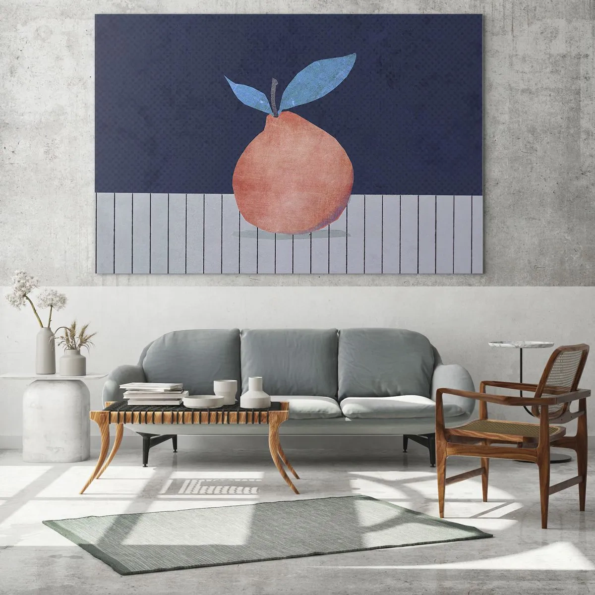 Tablou pe sticlă - Un fruct cu o formă abstractă pe fundalul unei compoziții geometrice - 70x50cm - Convexitate și plan - Decorațiune modernă pentru perete pentru living și dormitor ARTTOR