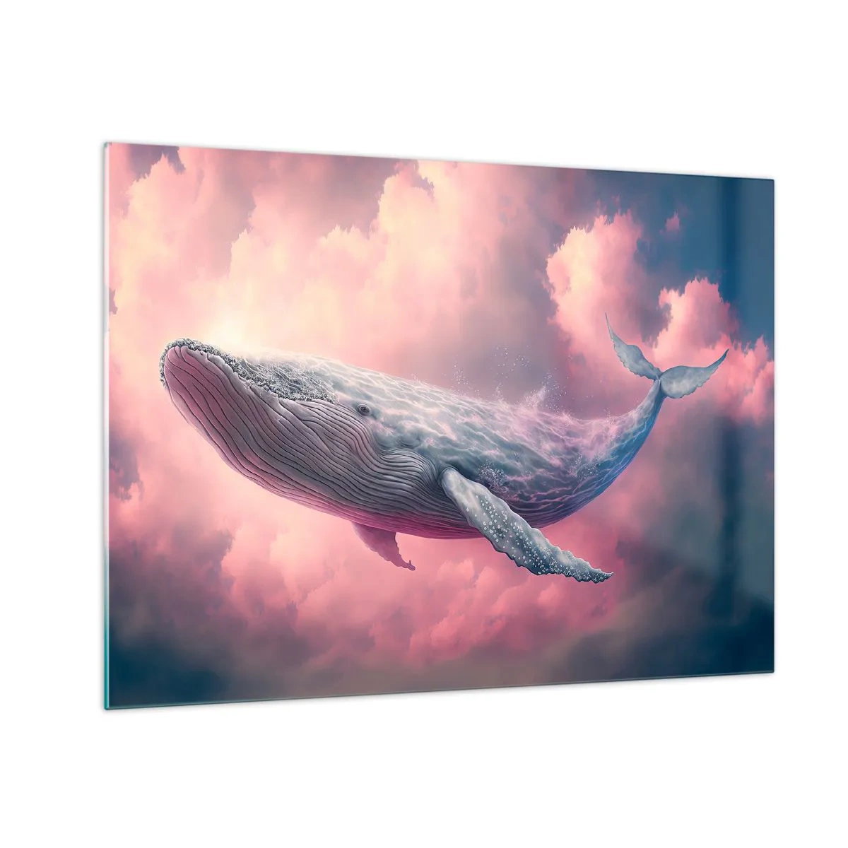 Tablou pe sticlă - O balenă plutind în nori cu o strălucire roz - 70x50cm - Șterge-ți ochii - Decorațiune modernă pentru perete pentru living și dormitor ARTTOR
