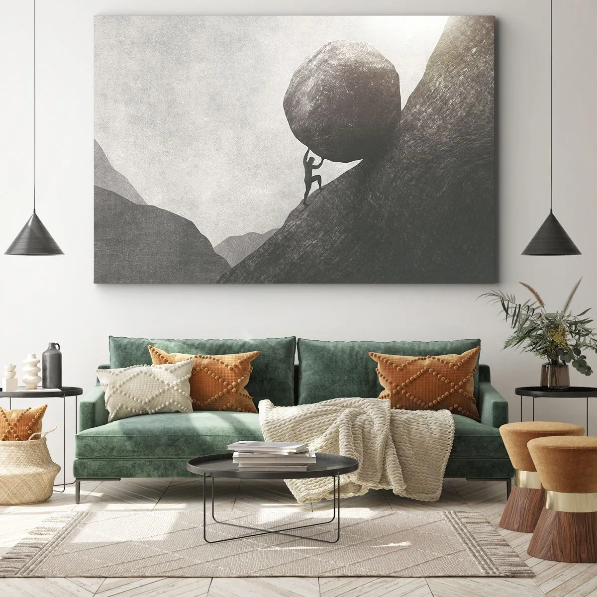 Tablou pe pânză Canvas - Un bărbat urcă o stâncă uriașă pe un deal - 70x50cm - Cred, în ciuda așteptărilor - Decorațiune modernă pentru perete pentru living și dormitor ARTTOR