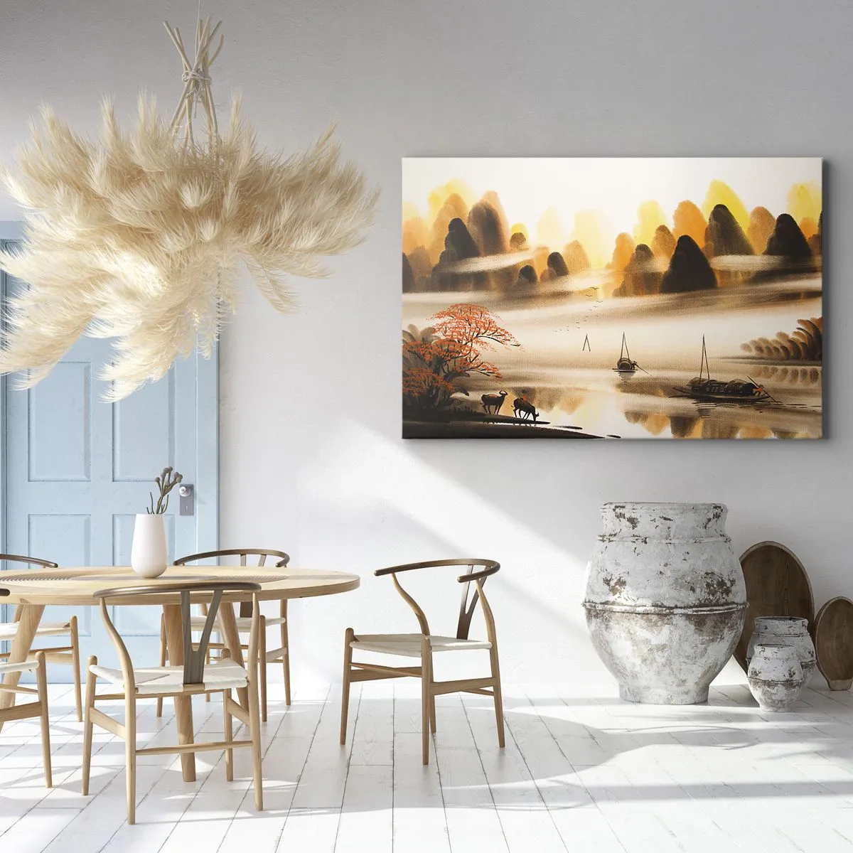 Tablou pe pânză Canvas - Un peisaj oriental cu un râu, munți și o ceață blândă. - 70x50cm - Mai departe decât Orientul Îndepărtat - Decorațiune modernă pentru perete pentru living și dormitor ARTTOR