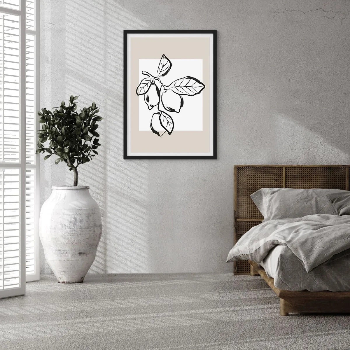 Poster în ramă neagră - O ilustrație minimalistă a unei crenguțe de lămâie în stil alb-negru. - 50x70cm - Unde se coace lămâia... - Decorațiune modernă pentru perete pentru living și dormitor ARTTOR