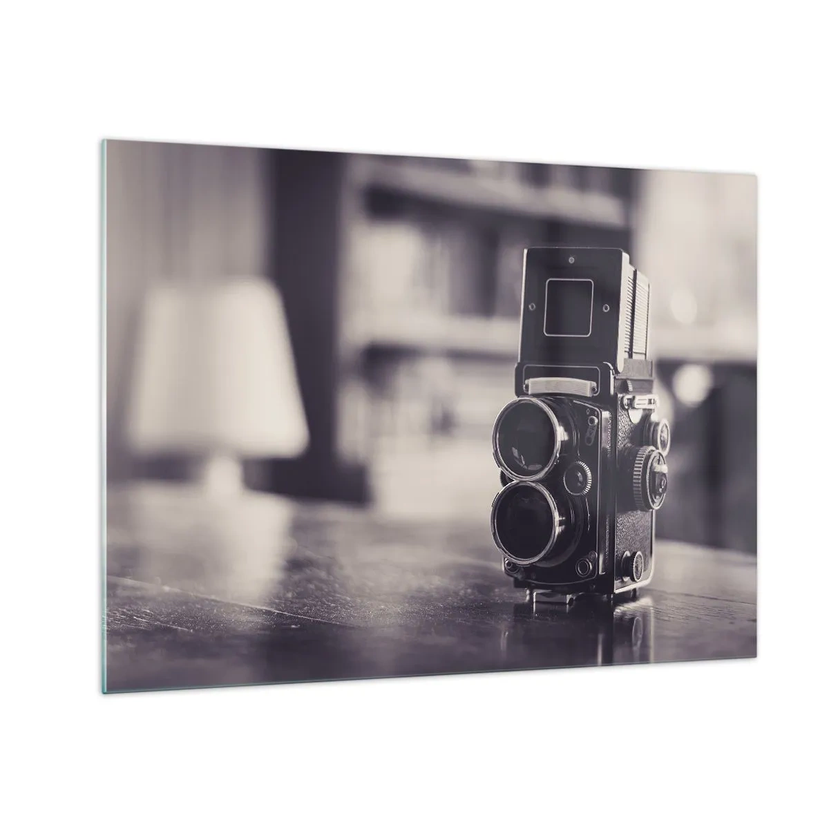 Tablou pe sticlă - Fotografie alb-negru a unui aparat foto antic - 70x50cm - Magia fotografiei vechi - Decorațiune modernă pentru perete pentru living și dormitor ARTTOR