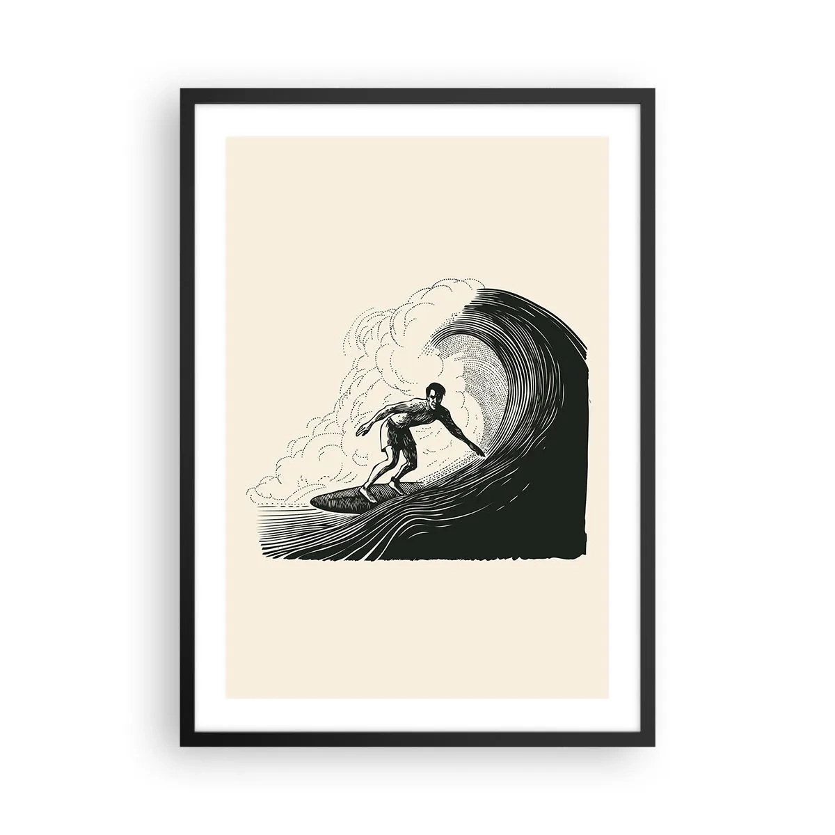Poster în ramă neagră - Grafică retro surfer pe val, compoziție neagră și crem - 50x70cm - Regele valului - Decorațiune modernă pentru perete pentru living și dormitor ARTTOR