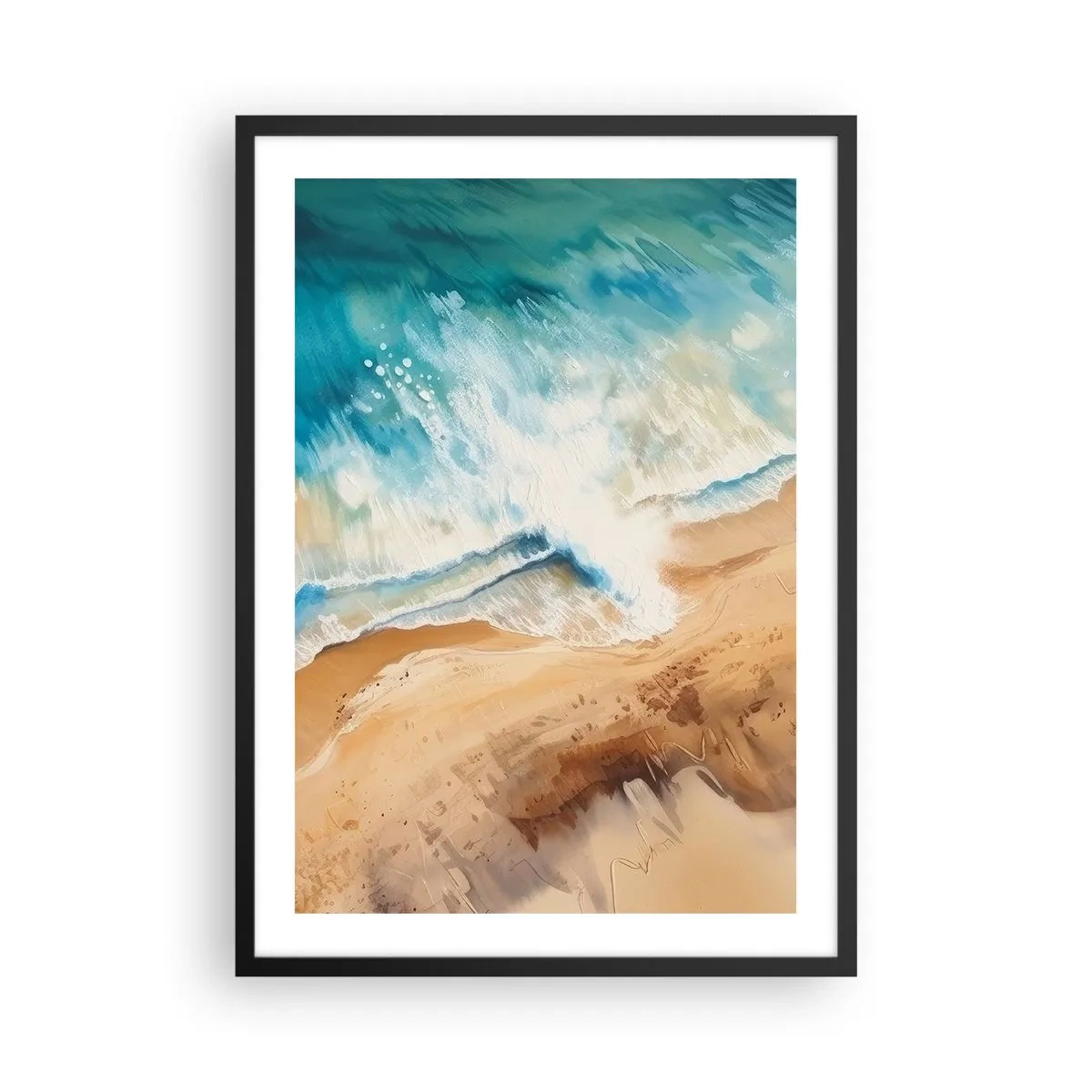 Poster în ramă neagră - O scenă abstractă a unui val care se izbește de țărm în nuanțe de turcoaz și nisip. - 50x70cm - Unda de întoarcere - Decorațiune modernă pentru perete pentru living și dormitor ARTTOR