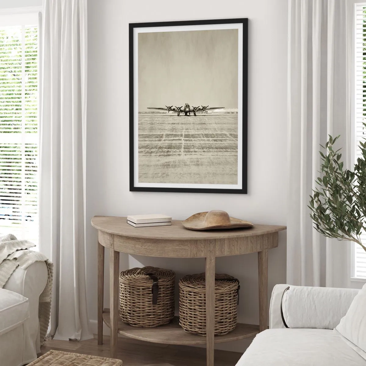 Poster în ramă neagră - Un avion de epocă pe pistă - 50x70cm - Pregătit, ca întotdeauna - Decorațiune modernă pentru perete pentru living și dormitor ARTTOR