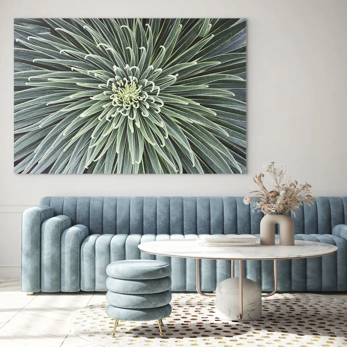 Tablou pe sticlă - Rozetă simetrică de frunze verzi în macrofotografie - 70x50cm - Nașterea unei stele - Decorațiune modernă pentru perete pentru living și dormitor ARTTOR