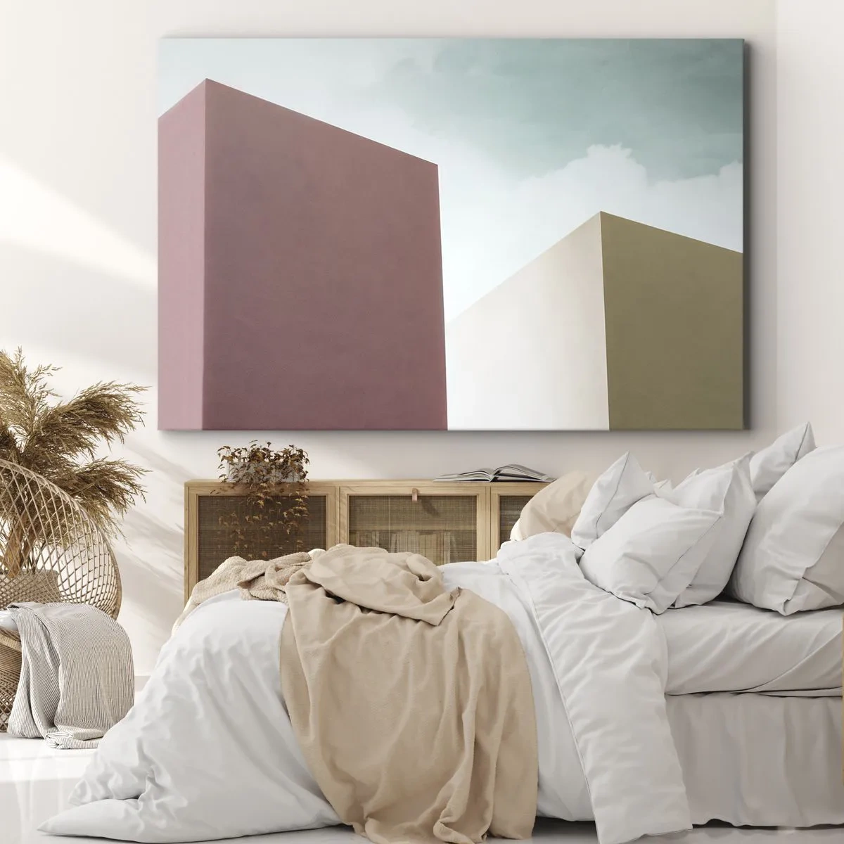 Tablou pe pânză Canvas - Arhitectură minimalistă cu blocuri pastelate și cer - 70x50cm - Geometria unei veri însorite - Decorațiune modernă pentru perete pentru living și dormitor ARTTOR
