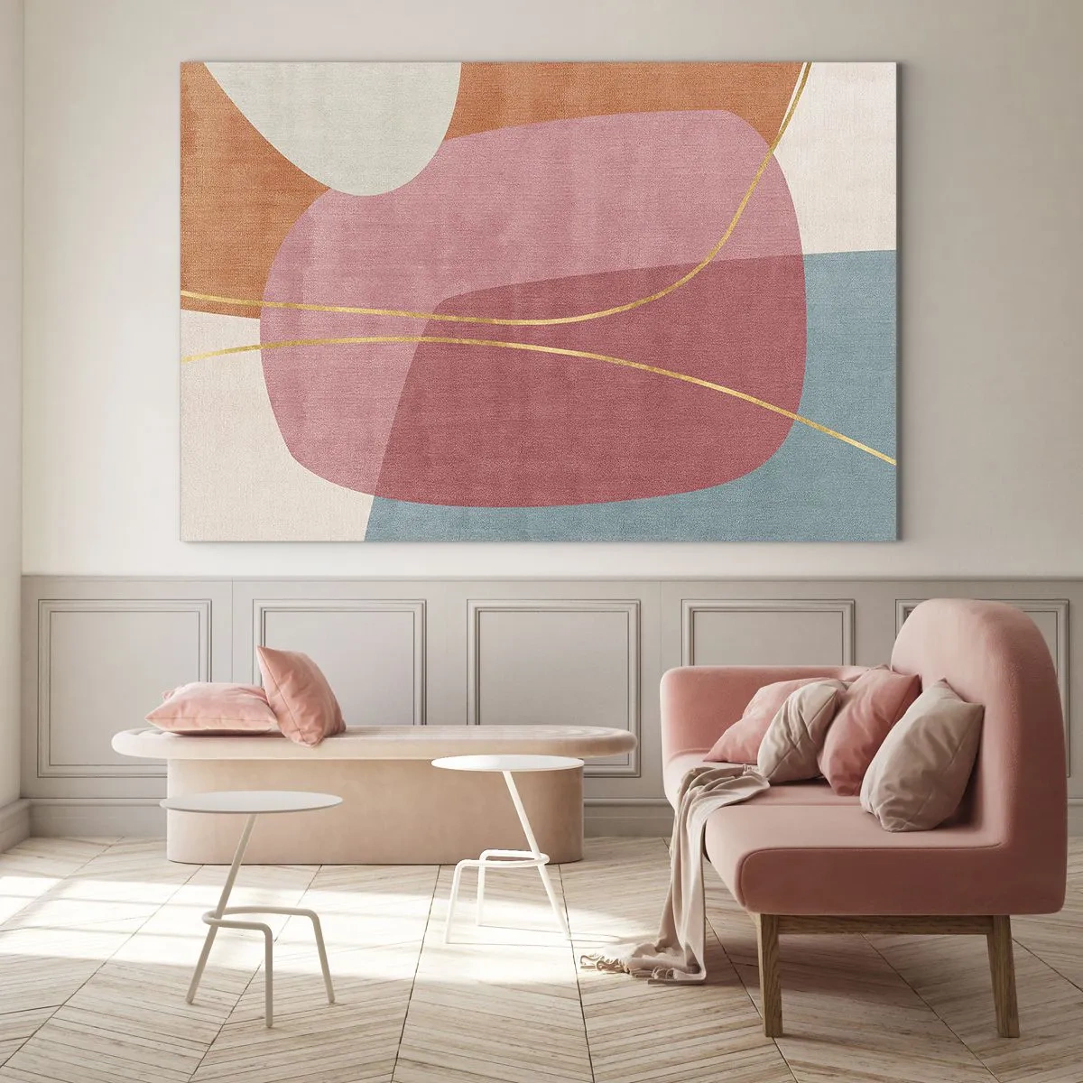 Tablou pe sticlă - Forme pastelate cu linii aurii care se intersectează - 70x50cm - Compoziție pastel cu fir de aur - Decorațiune modernă pentru perete pentru living și dormitor ARTTOR