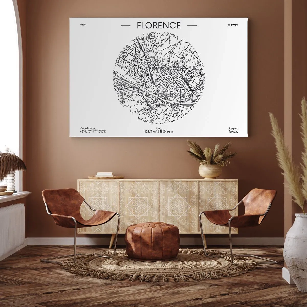 Tablou pe pânză Canvas - O hartă a Florenței într-un stil minimalist alb-negru - 70x50cm - Anatomia Florenței - Decorațiune modernă pentru perete pentru living și dormitor ARTTOR