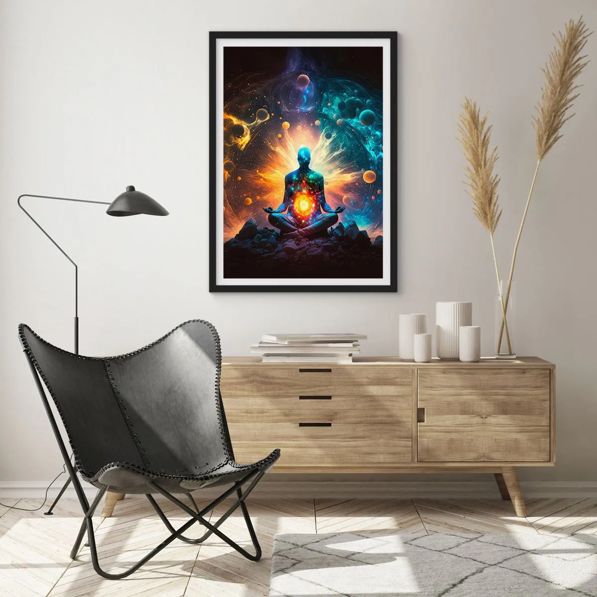 Poster în ramă neagră - O figură meditativă într-o aură cosmică plină de energie - 50x70cm - Liniște cosmică - Decorațiune modernă pentru perete pentru living și dormitor ARTTOR