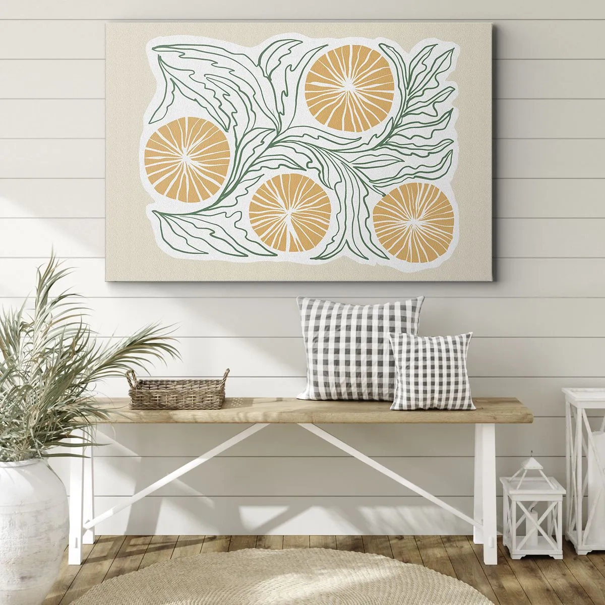 Tablou pe pânză Canvas - Un motiv minimalist portocaliu cu frunze verzi - 70x50cm - Etnic cu o notă de abstracție - Decorațiune modernă pentru perete pentru living și dormitor ARTTOR