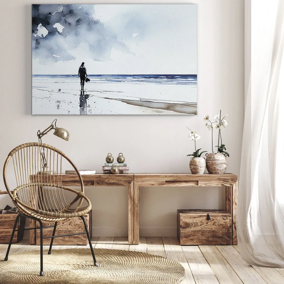 Tablou pe pânză Canvas - O figură pe o plajă într-un mediu marin calm - 70x50cm - Vorbind cu marea - Decorațiune modernă pentru perete pentru living și dormitor ARTTOR