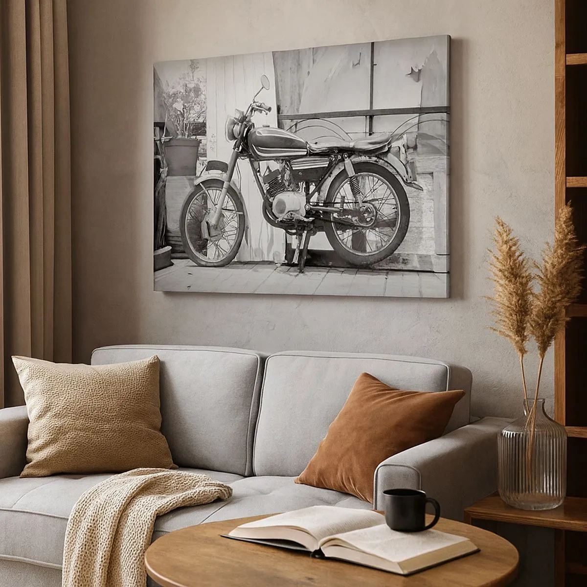 Tablou pe pânză Canvas - Fotografie alb-negru a unei motociclete clasice - 70x50cm - Clasicul înainte de toate - Decorațiune modernă pentru perete pentru living și dormitor ARTTOR