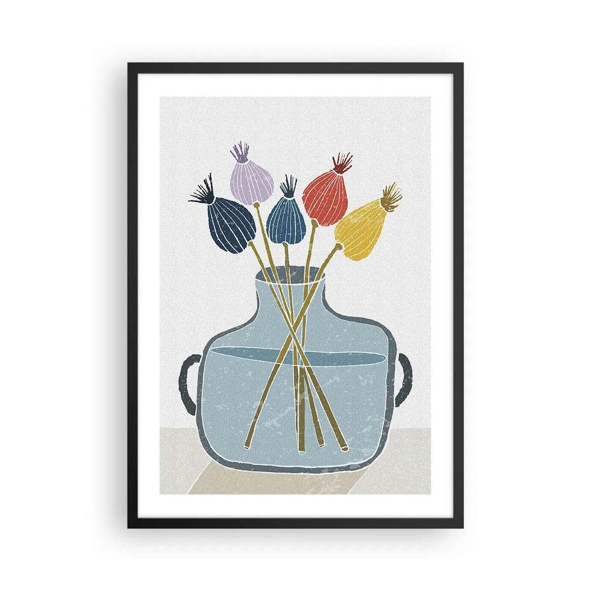 Poster în ramă neagră - O compoziție minimalistă de capete de mac într-o vază de sticlă - 50x70cm - Paparune sau maci? - Decorațiune modernă pentru perete pentru living și dormitor ARTTOR