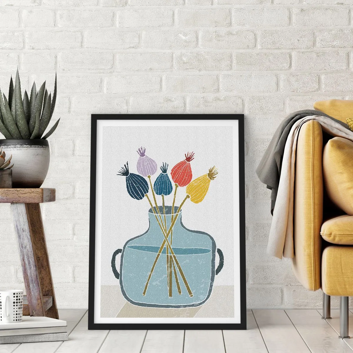 Poster în ramă neagră - O compoziție minimalistă de capete de mac într-o vază de sticlă - 50x70cm - Paparune sau maci? - Decorațiune modernă pentru perete pentru living și dormitor ARTTOR