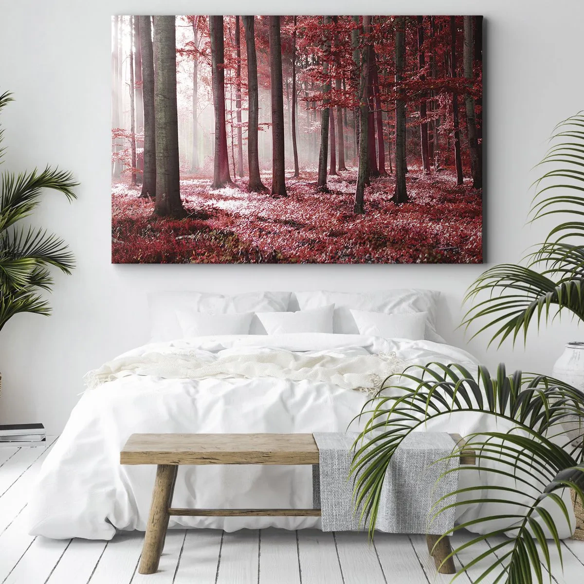 Tablou pe pânză Canvas - O pădure uimitoare în nuanțe roșii, cu raze de lumină care pătrund printre copaci - 70x50cm - Roșie este la fel de frumoasă - Decorațiune modernă pentru perete pentru living și dormitor ARTTOR