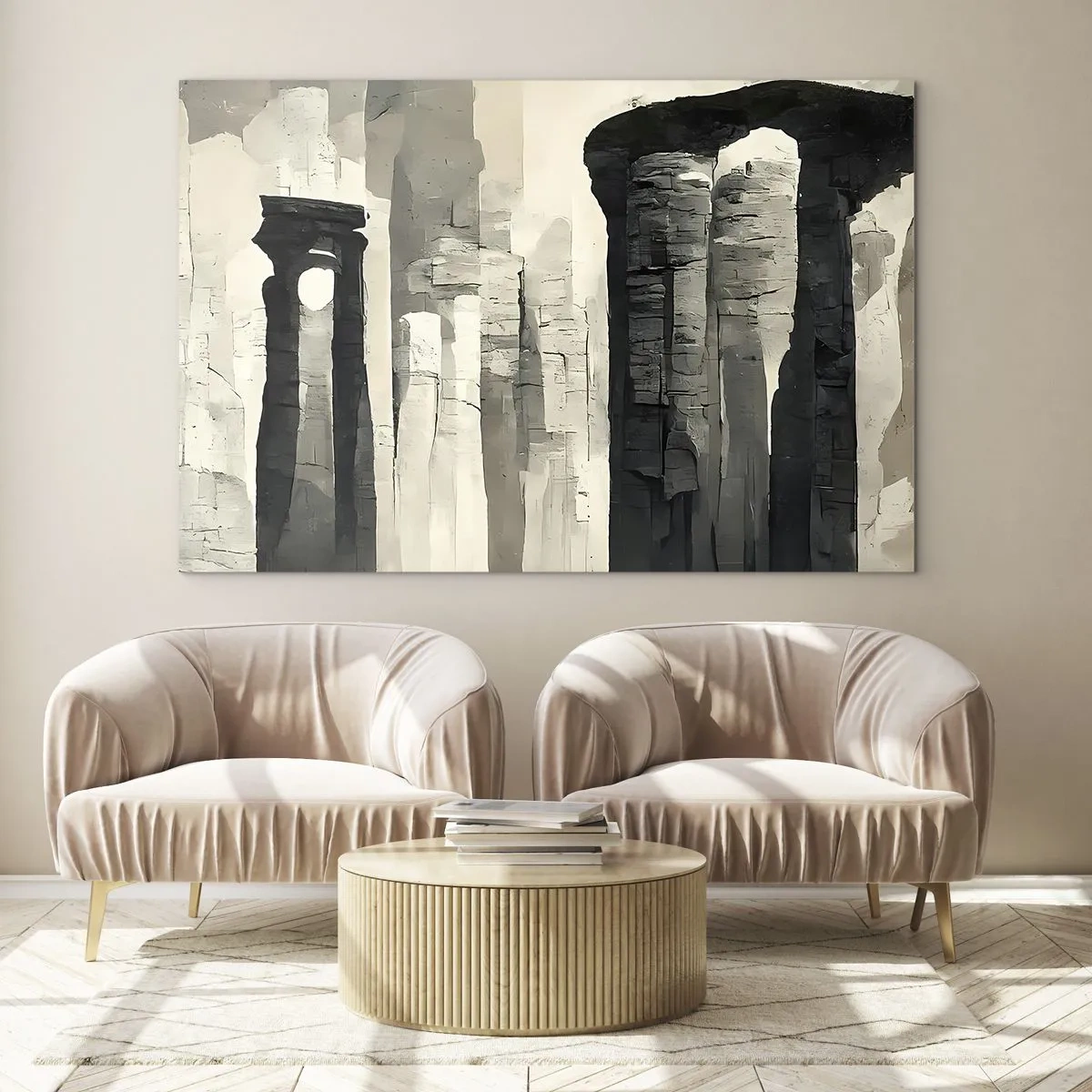 Tablou pe sticlă - Coloane de piatră în stil antic într-o paletă de culori neutre - 70x50cm - Măreția antichității - Decorațiune modernă pentru perete pentru living și dormitor ARTTOR