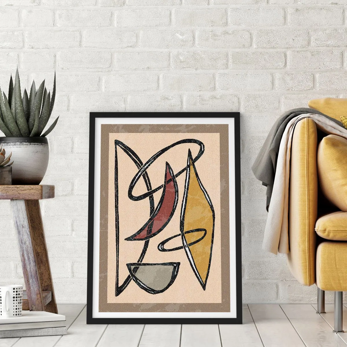 Poster în ramă neagră - Compoziție geometrică abstractă în nuanțe de bej și negru - 50x70cm - Compoziție - arcuri și ovale - Decorațiune modernă pentru perete pentru living și dormitor ARTTOR