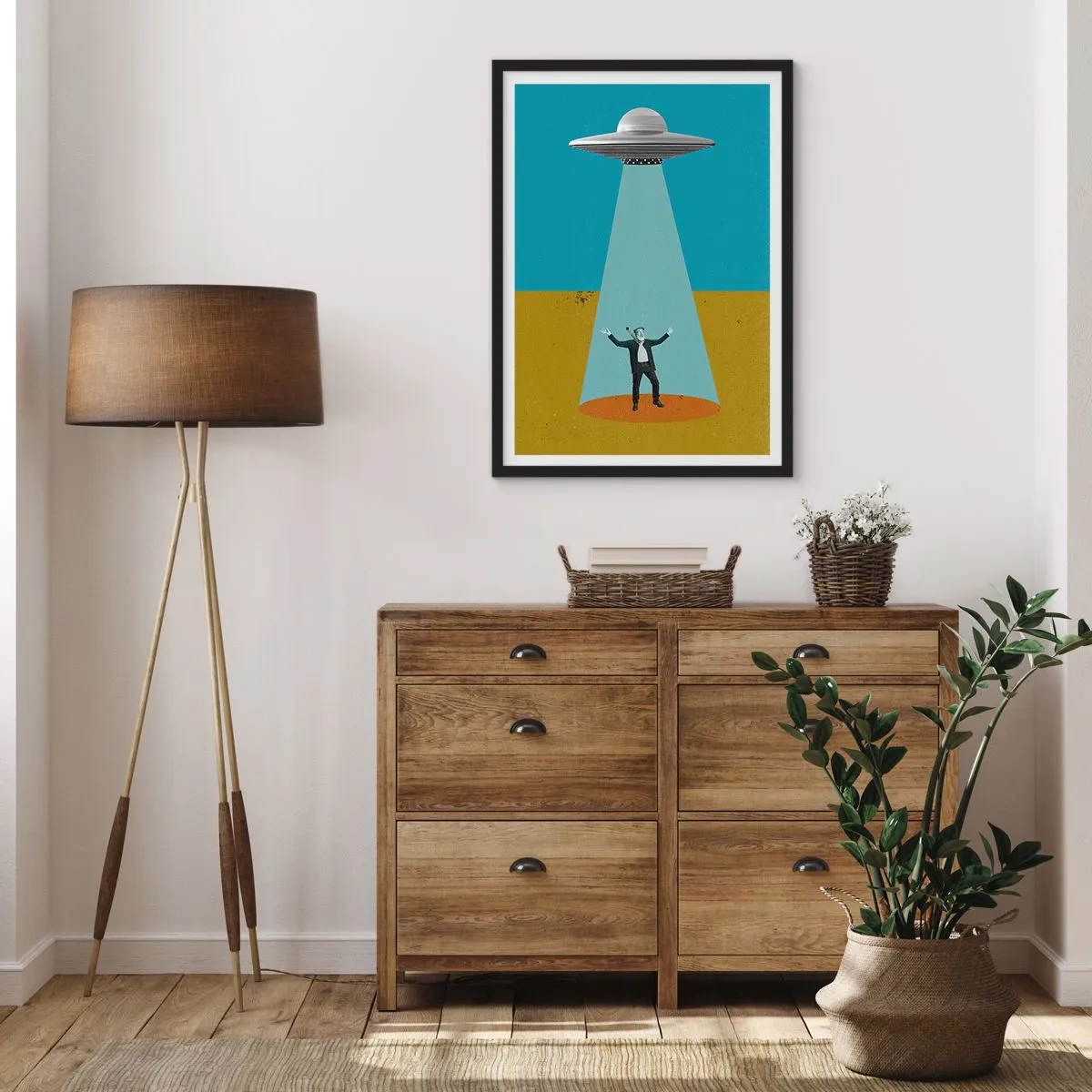 Poster în ramă neagră - Ilustrație retro a unei răpiri OZN - 50x70cm - Întâlnire de gradul III - Decorațiune modernă pentru perete pentru living și dormitor ARTTOR