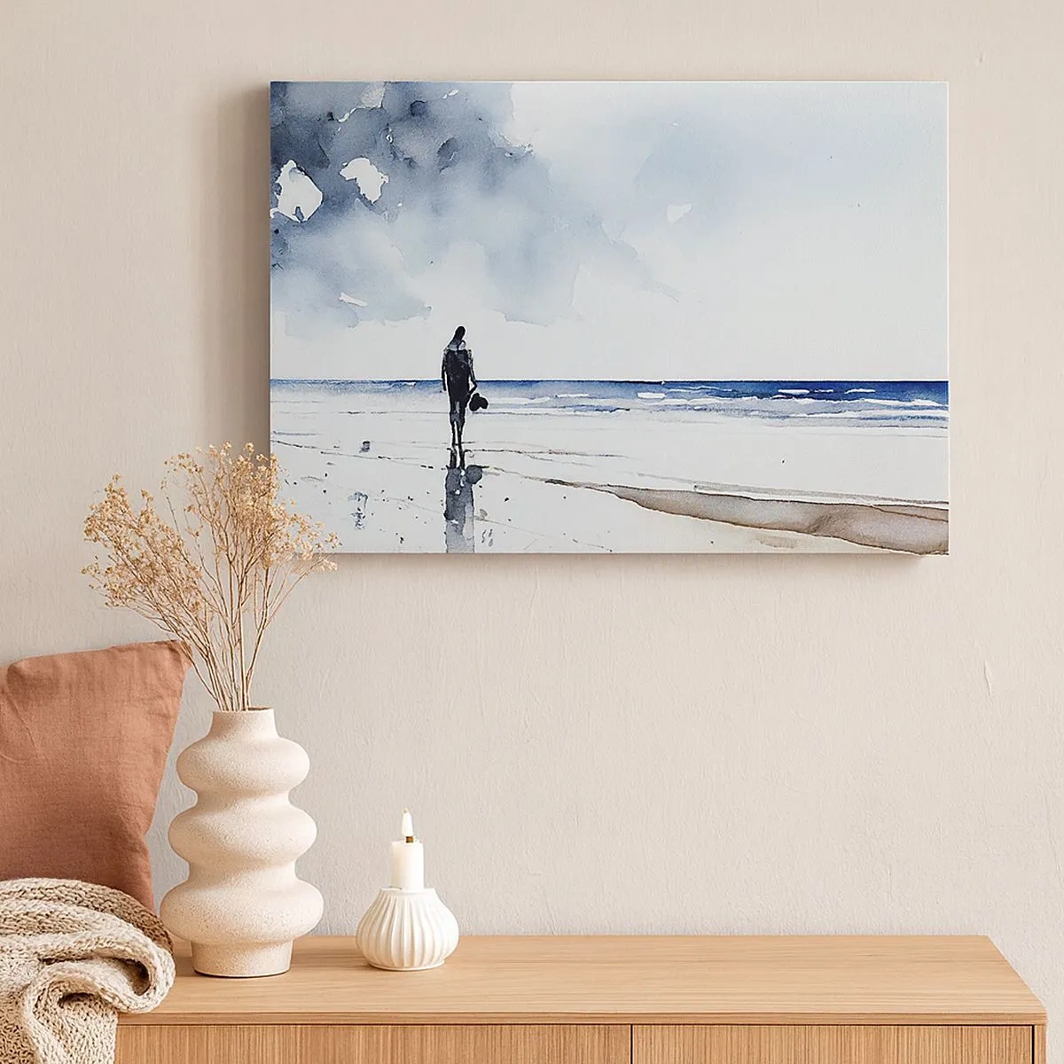 Tablou pe pânză Canvas - O figură pe o plajă într-un mediu marin calm - 70x50cm - Vorbind cu marea - Decorațiune modernă pentru perete pentru living și dormitor ARTTOR