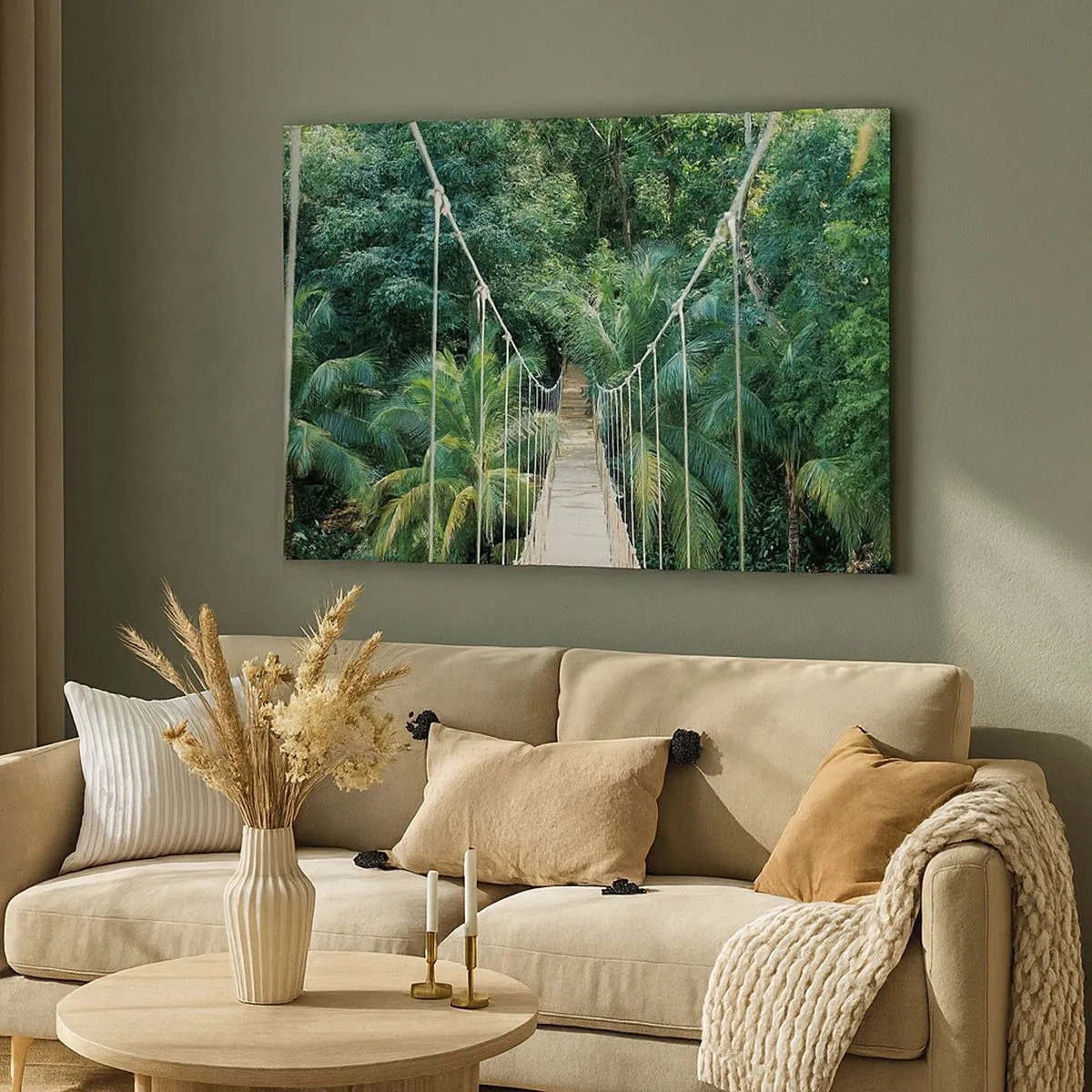 Tablou pe pânză Canvas - Un pod suspendat într-o junglă tropicală plină de verdeață - 70x50cm - Welcome to the jungle! - Decorațiune modernă pentru perete pentru living și dormitor ARTTOR