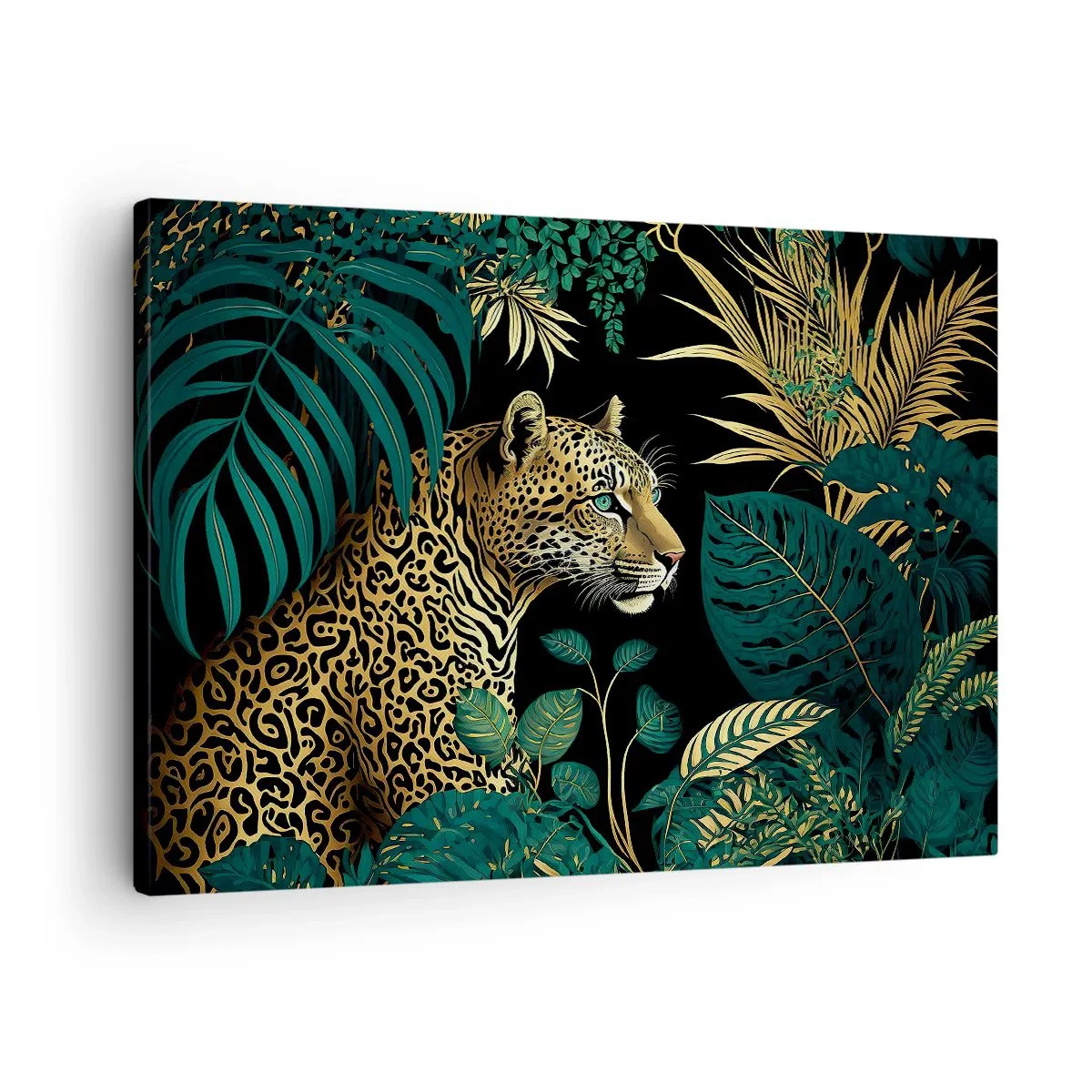 Tablou pe pânză Canvas - Leopard în frunze tropicale pe fundal negru - 70x50cm - Domnitorul junglei - Decorațiune modernă pentru perete pentru living și dormitor ARTTOR