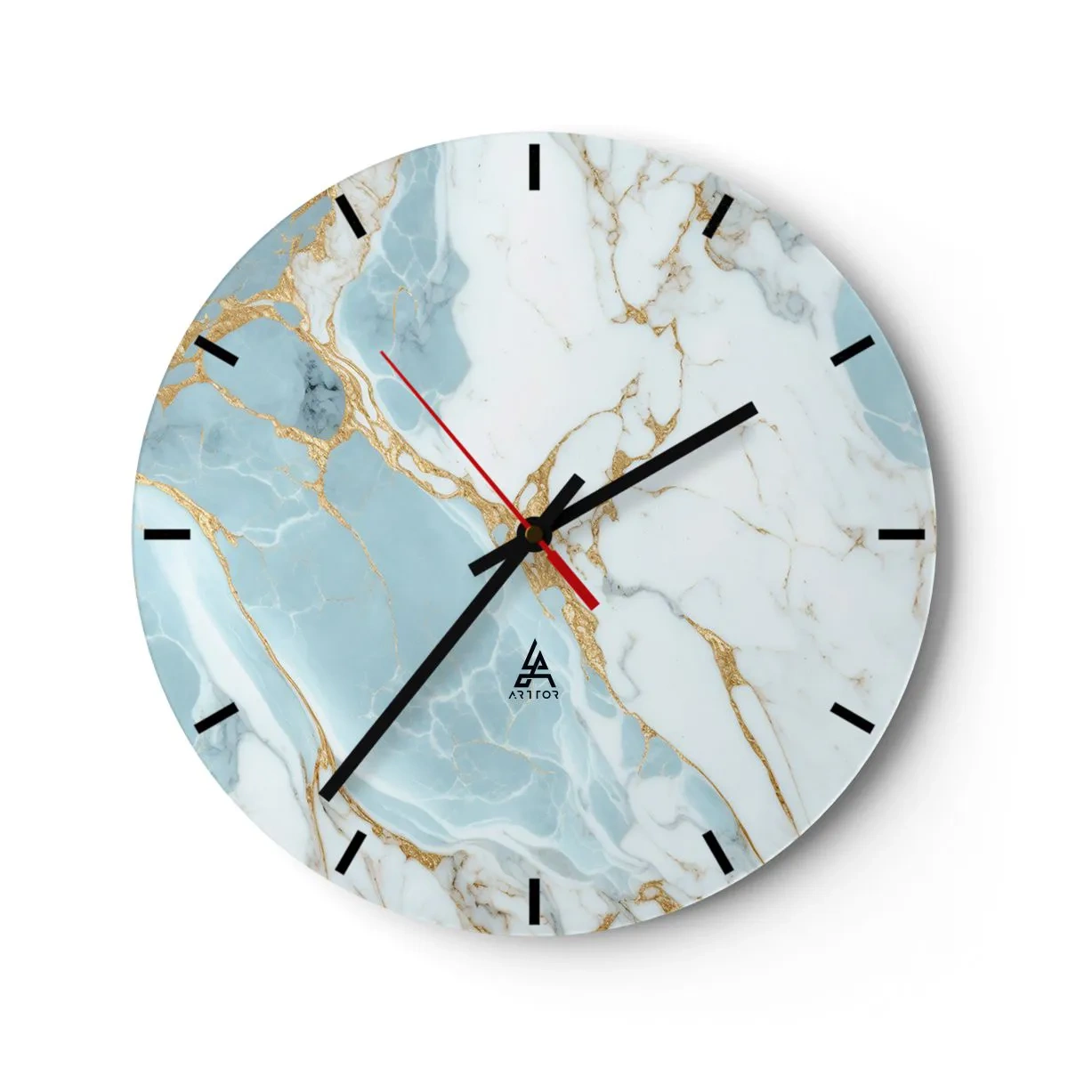 Ceas de perete - Ceas pe sticlă - Marmură albastră și albă cu vene aurii pe toată suprafața - 30x30cm - Bogăția pietrei - Decorațiune modernă pentru perete pentru living, bucătărie și dormitor ARTTOR