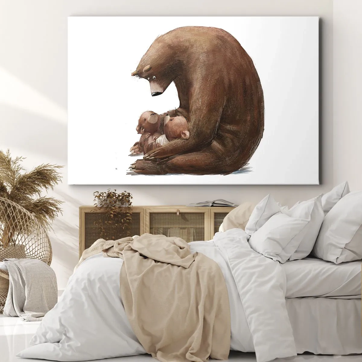 Tablou pe pânză Canvas - O ursoaică cu doi ursuleți în brațe - 70x50cm - Vise plăcute, copii - Decorațiune modernă pentru perete pentru living și dormitor ARTTOR