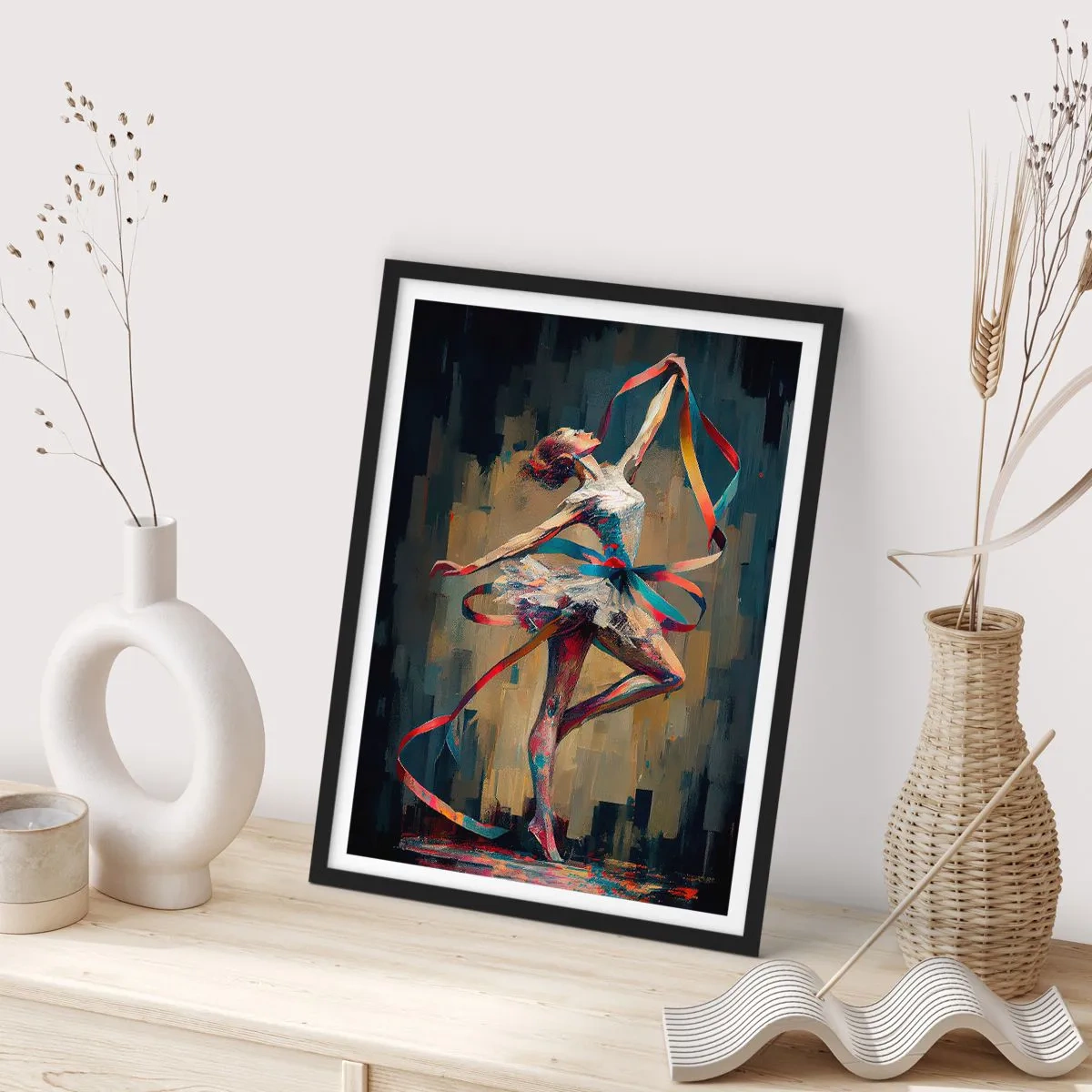 Poster în ramă neagră - O dansatoare într-o poză dinamică cu panglici colorate. - 50x70cm - Dansând cu o panglică - Decorațiune modernă pentru perete pentru living și dormitor ARTTOR