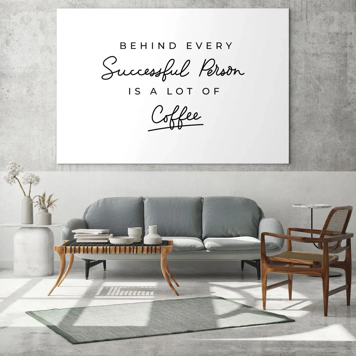 Tablou pe sticlă - Un citat motivațional despre succes și cafea într-un stil minimalist. - 70x50cm - Secretul succesului - Decorațiune modernă pentru perete pentru living și dormitor ARTTOR