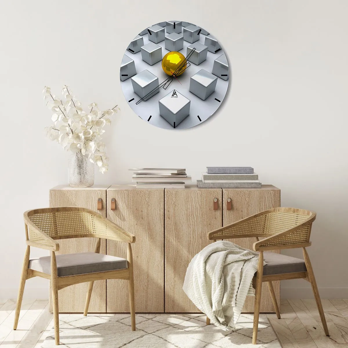 Ceas de perete - Ceas pe sticlă - O minge de aur printre cuburi de argint - 30x30cm - De ce eu? Compoziție geometrică - Decorațiune modernă pentru perete pentru living, bucătărie și dormitor ARTTOR