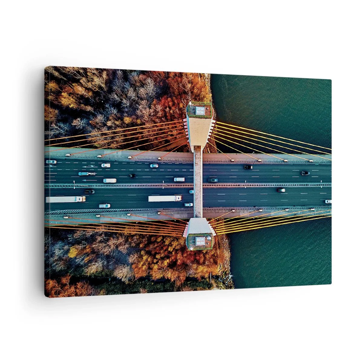 Tablou pe pânză Canvas - Vedere aeriană a podului peste râu și a peisajului de toamnă - 70x50cm - Din pădure spre apă - Decorațiune modernă pentru perete pentru living și dormitor ARTTOR