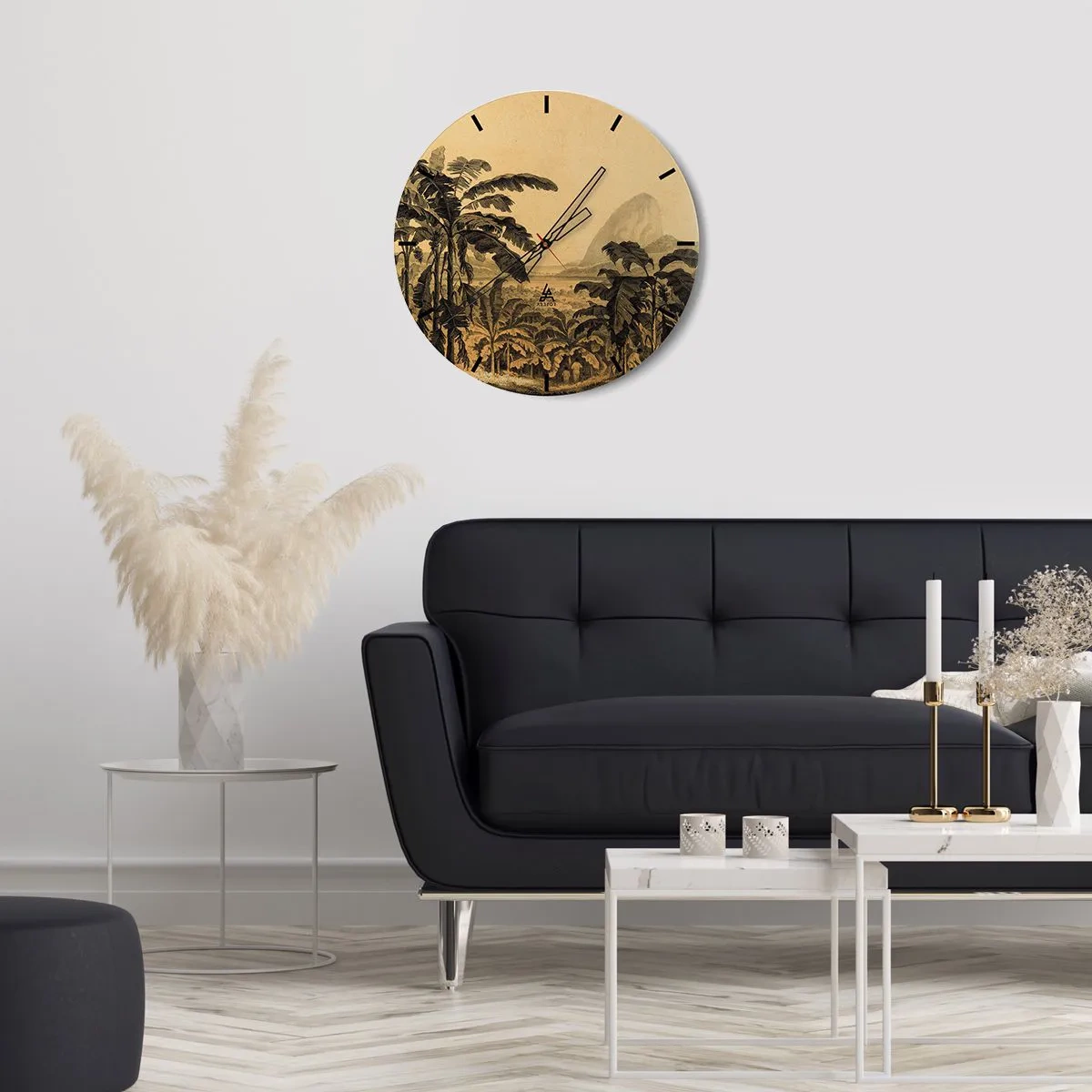 Ceas de perete - Ceas pe sticlă - Banane și un peisaj retro tropical - 30x30cm - În stil colonial - Decorațiune modernă pentru perete pentru living, bucătărie și dormitor ARTTOR