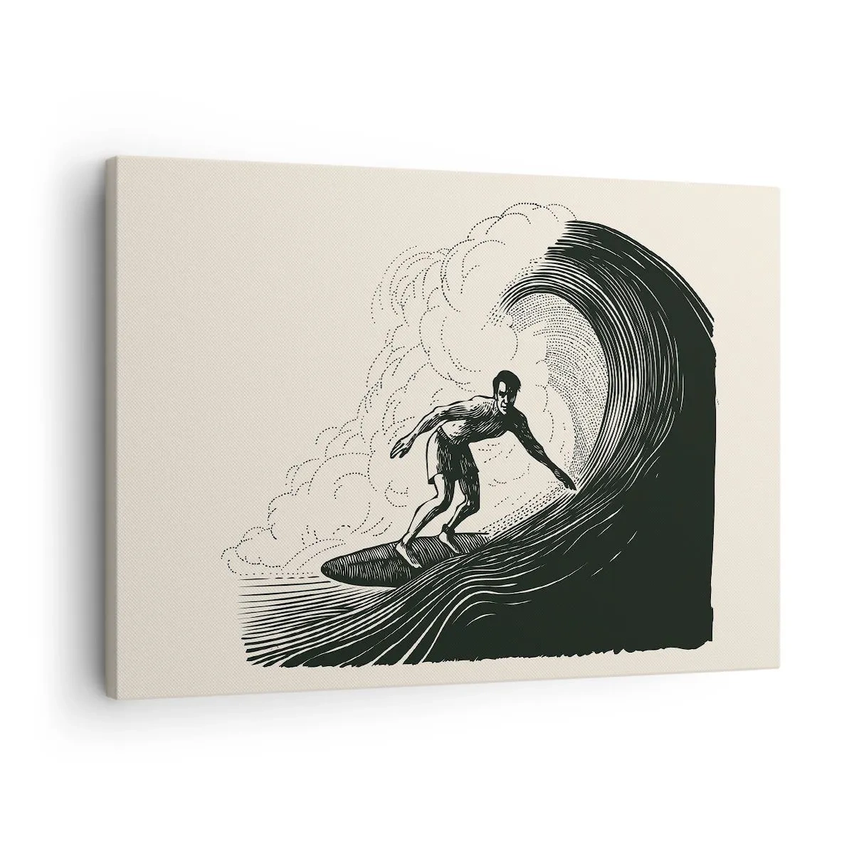 Tablou pe pânză Canvas - Grafică alb-negru a unui surfer care călărește un val - 70x50cm - Regele valului - Decorațiune modernă pentru perete pentru living și dormitor ARTTOR
