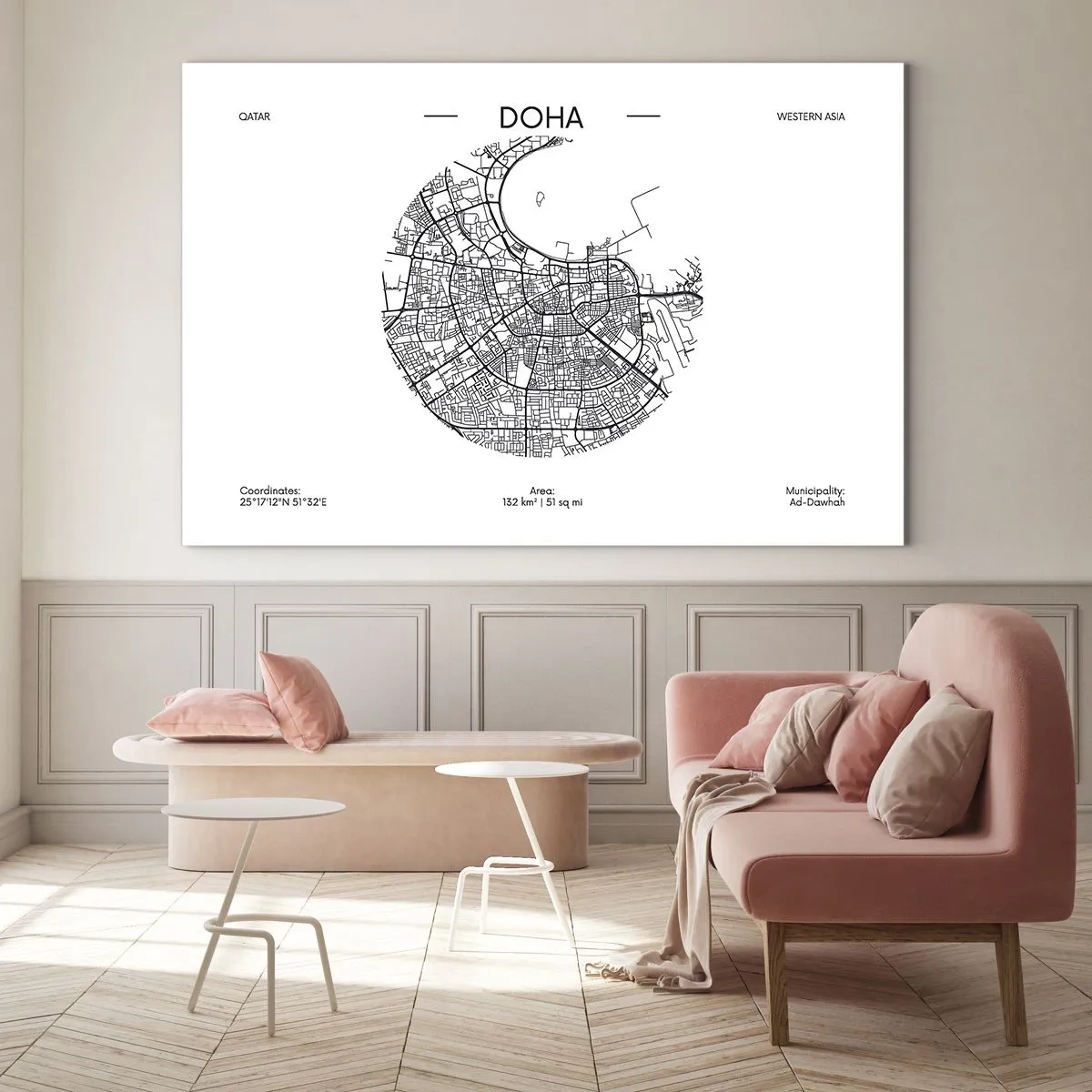 Tablou pe sticlă - O hartă grafică a orașului Doha într-un stil minimalist alb-negru. - 70x50cm - Anatomia orașului Doha - Decorațiune modernă pentru perete pentru living și dormitor ARTTOR