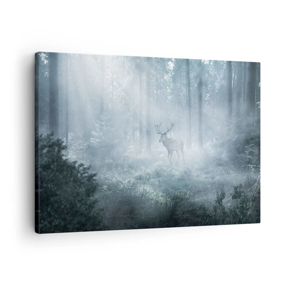 Tablou pe pânză Canvas - Un cerb într-o pădure densă învăluită în ceața dimineții - 70x50cm - Plimbarea de dimineață prin regat - Decorațiune modernă pentru perete pentru living și dormitor ARTTOR