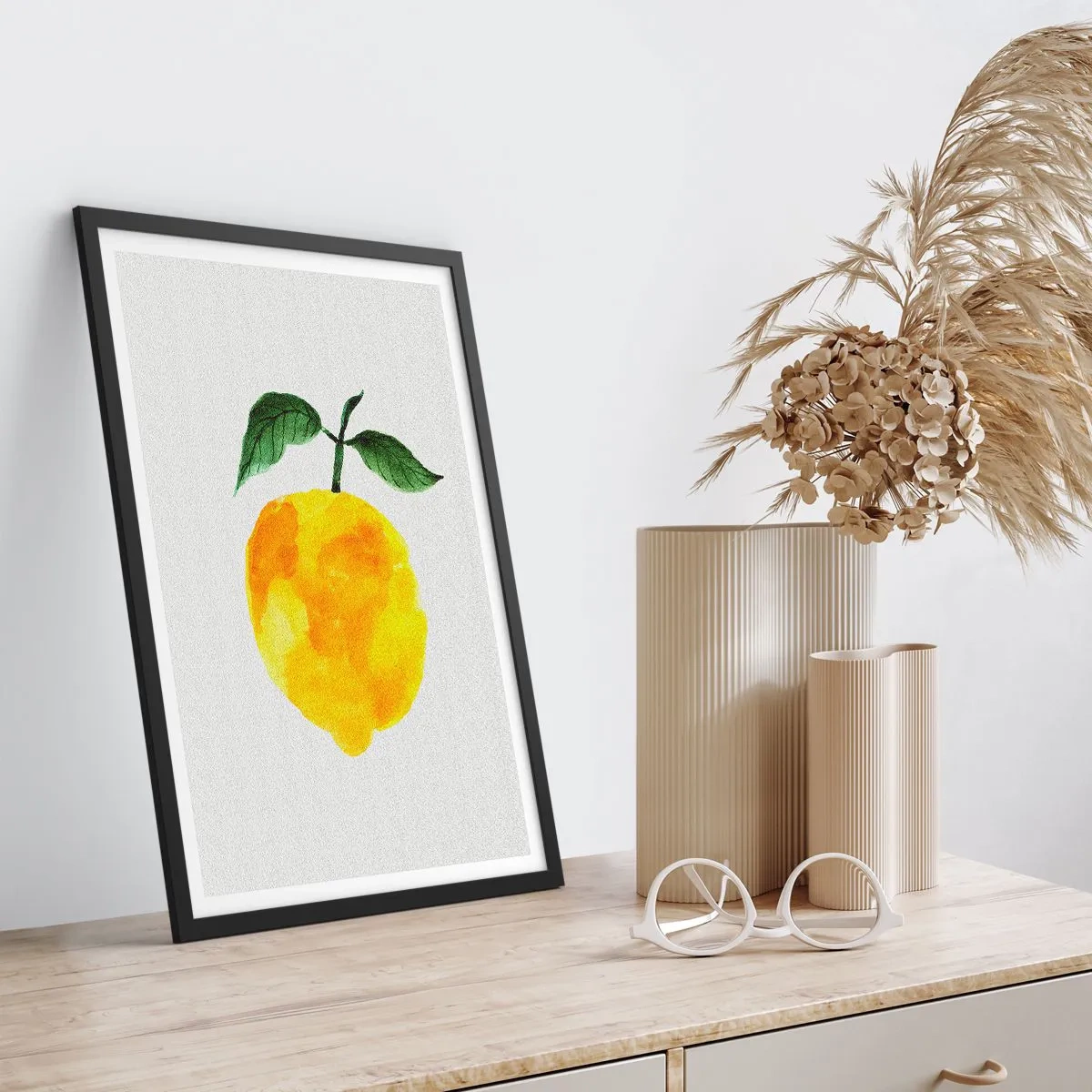 Poster în ramă neagră - Ilustrație în acuarelă a unei lămâi cu frunze pe un fundal deschis - 50x70cm - Cum să simțiți gustul soarelui - Decorațiune modernă pentru perete pentru living și dormitor ARTTOR