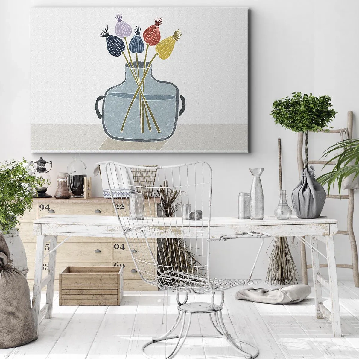 Tablou pe pânză Canvas - Flori uscate colorate într-o vază pe fundal alb - 70x50cm - Paparune sau maci? - Decorațiune modernă pentru perete pentru living și dormitor ARTTOR