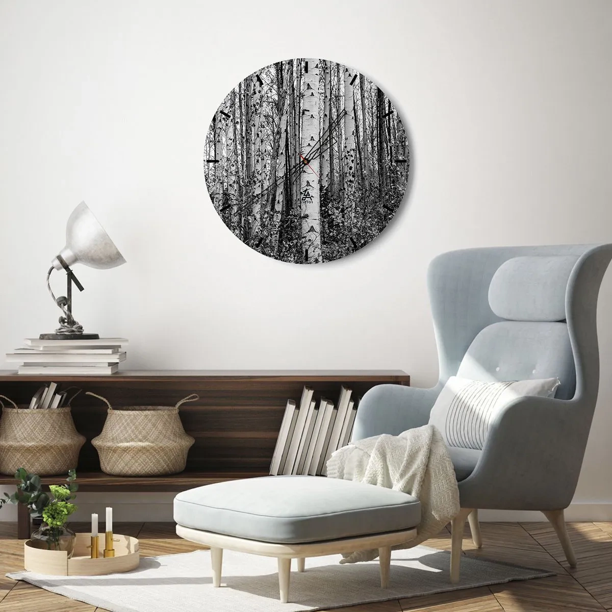 Ceas de perete - Ceas pe sticlă - Pădure de mesteacăn alb-negru în stil minimalist - 30x30cm - Coloane de mesteacăn - Decorațiune modernă pentru perete pentru living, bucătărie și dormitor ARTTOR