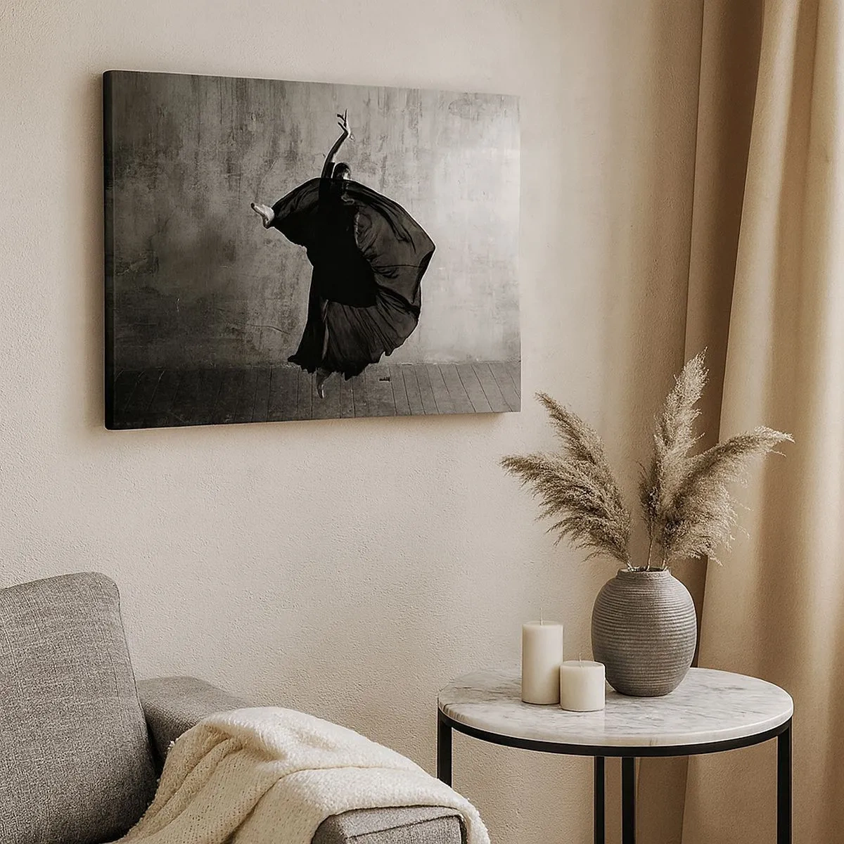 Tablou pe pânză Canvas - Siluetă alb-negru a unui dansator în mișcare pe un fundal de perete - 70x50cm - Un pas pasional - Decorațiune modernă pentru perete pentru living și dormitor ARTTOR