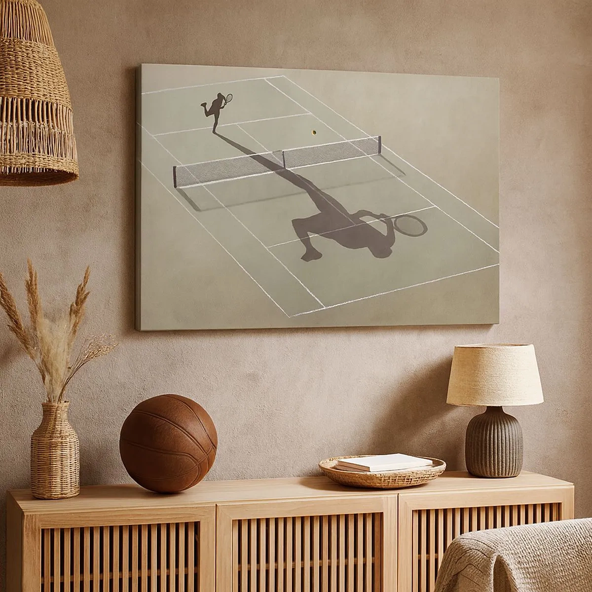 Tablou pe pânză Canvas - Umbra unui jucător de tenis pe teren în timpul unui meci de tenis - 70x50cm - Învinge-te pe tine însuți - Decorațiune modernă pentru perete pentru living și dormitor ARTTOR