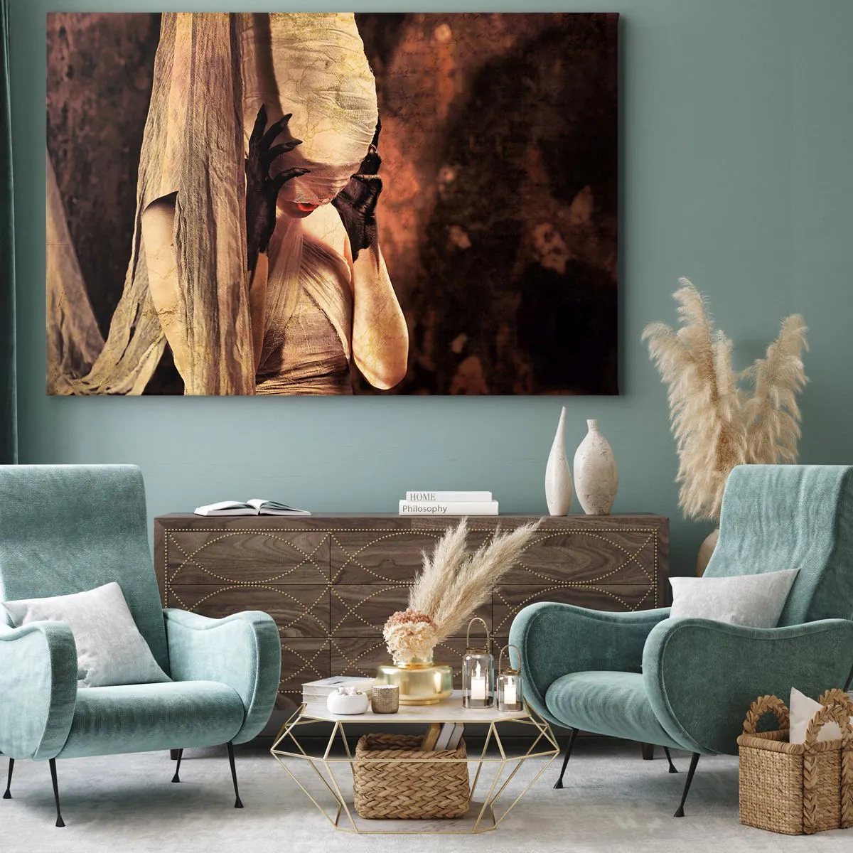 Tablou pe pânză Canvas - O femeie într-un voal cu un stil misterios pe un fundal întunecat - 70x50cm - Între bine și rău - Decorațiune modernă pentru perete pentru living și dormitor ARTTOR