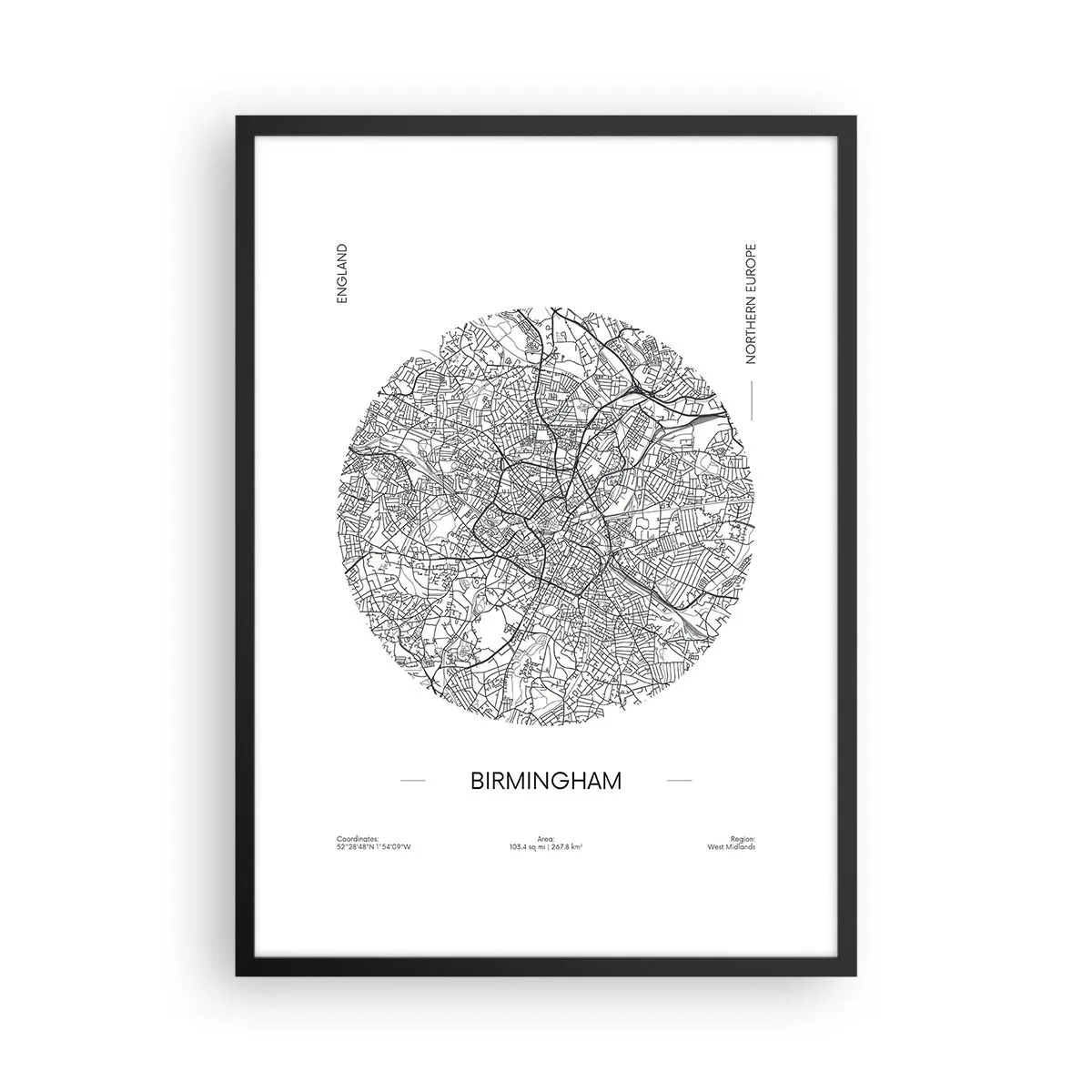 Poster în ramă neagră - O hartă minimalistă alb-negru a orașului Birmingham - 50x70cm - Anatomia Birmingham - Decorațiune modernă pentru perete pentru living și dormitor ARTTOR