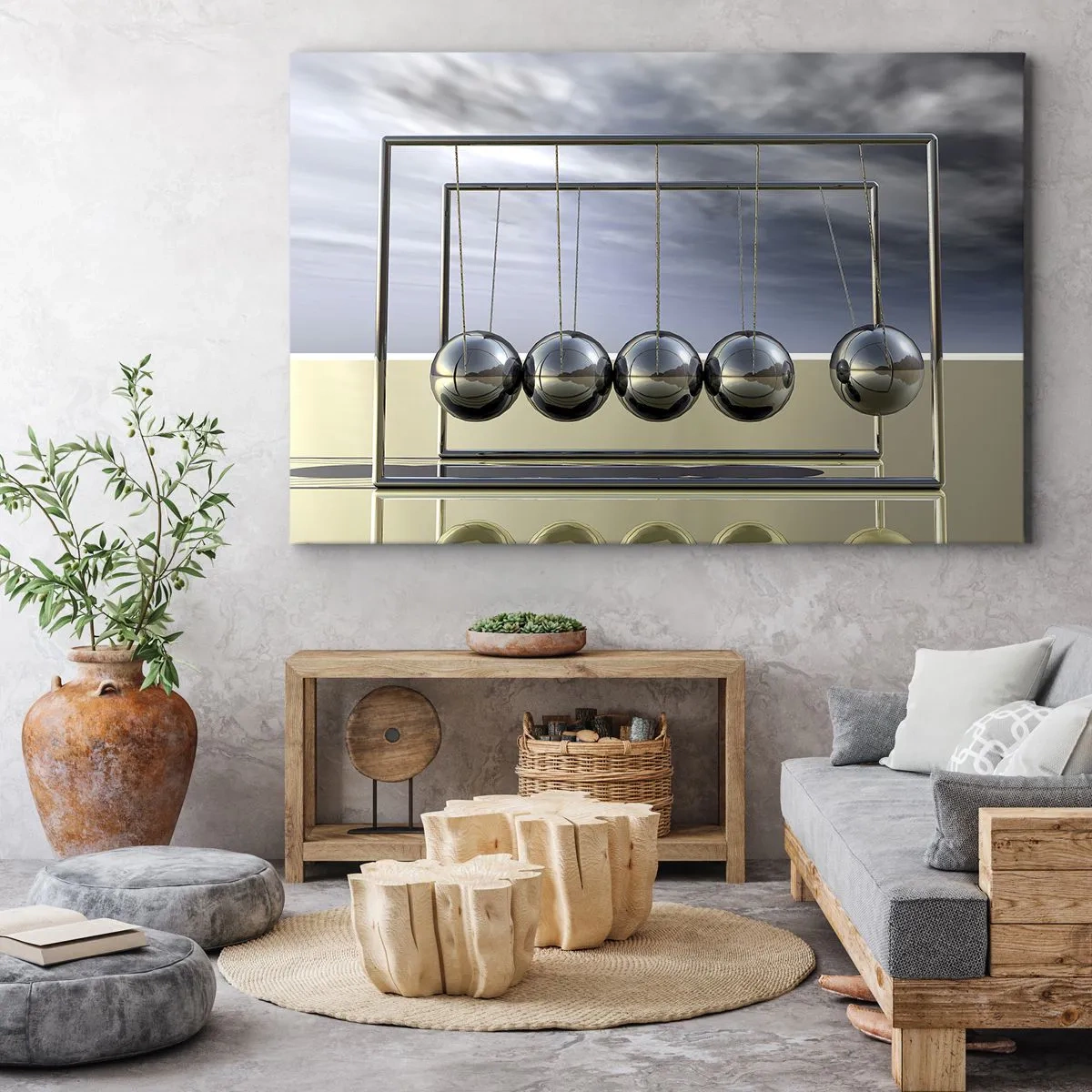 Tablou pe pânză Canvas - Sferele lui Newton într-un cadru minimalist cu reflexii de lumină - 70x50cm - Energia lumii - Decorațiune modernă pentru perete pentru living și dormitor ARTTOR
