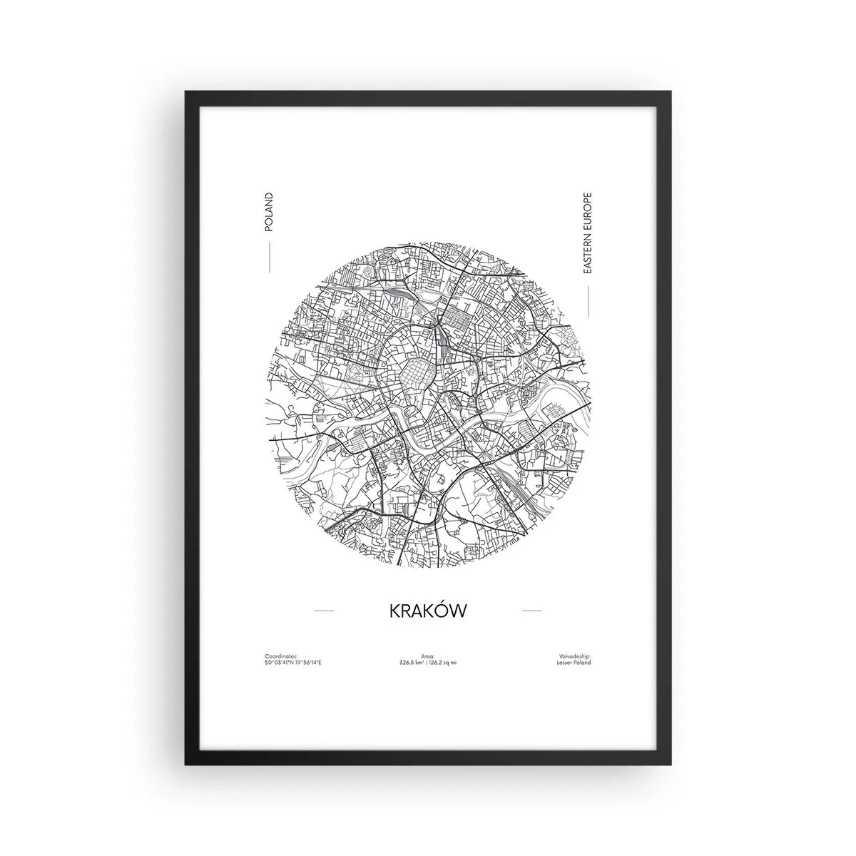 Poster în ramă neagră - O hartă minimalistă a Cracoviei într-un cerc - 50x70cm - Anatomia Cracoviei - Decorațiune modernă pentru perete pentru living și dormitor ARTTOR