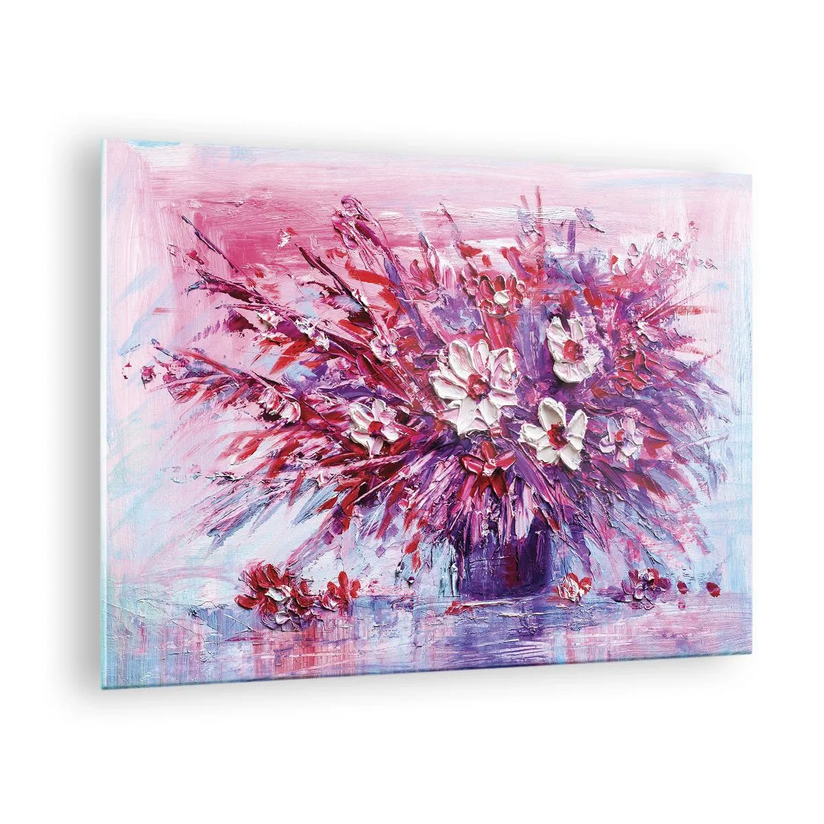 Tablou pe sticlă - Un buchet de flori în nuanțe de roz și violet - 70x50cm - Inocență și pasiune - Decorațiune modernă pentru perete pentru living și dormitor ARTTOR