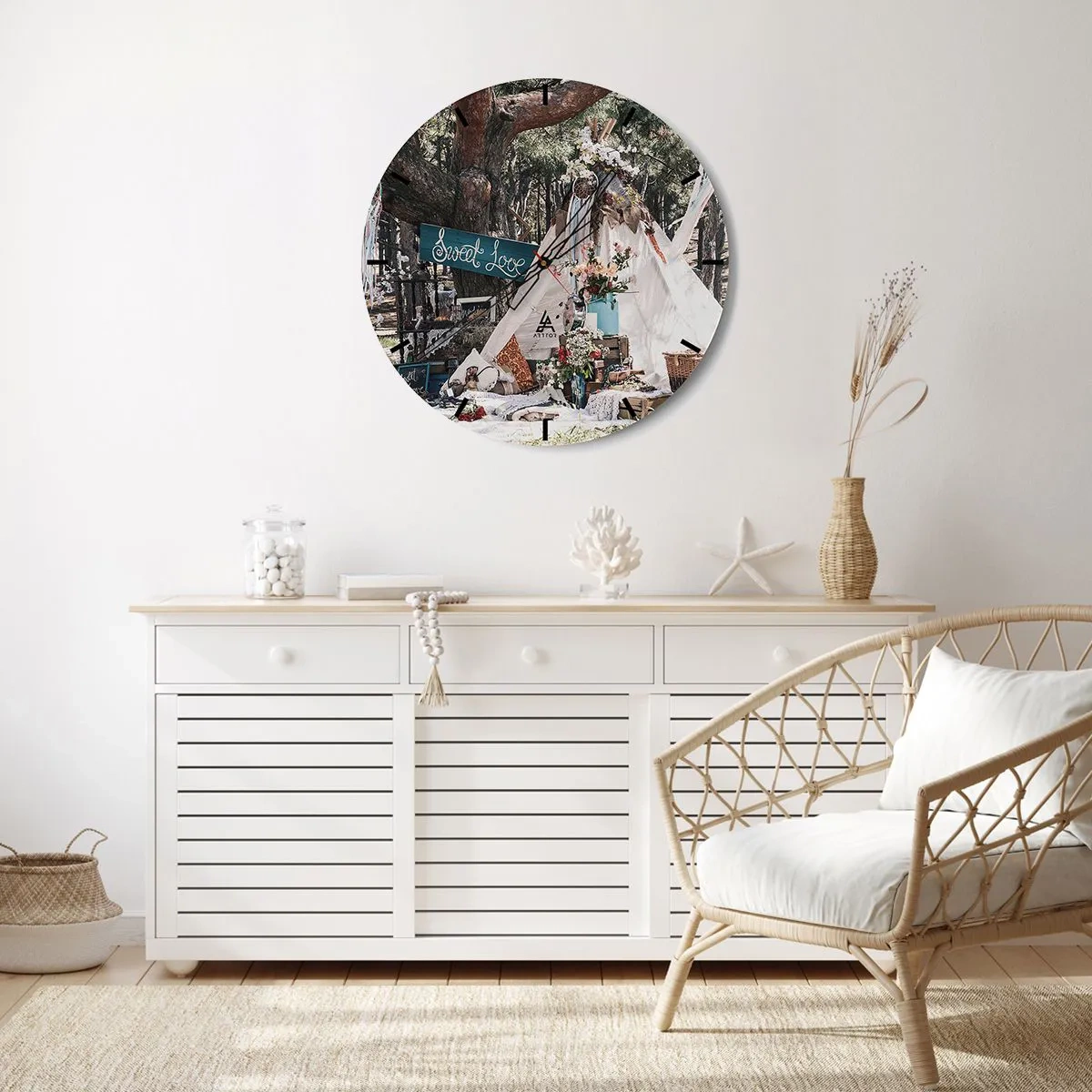 Ceas de perete - Ceas pe sticlă - Decorațiuni romantice pentru nunți într-un cadru forestier - 30x30cm - Make love… - Decorațiune modernă pentru perete pentru living, bucătărie și dormitor ARTTOR