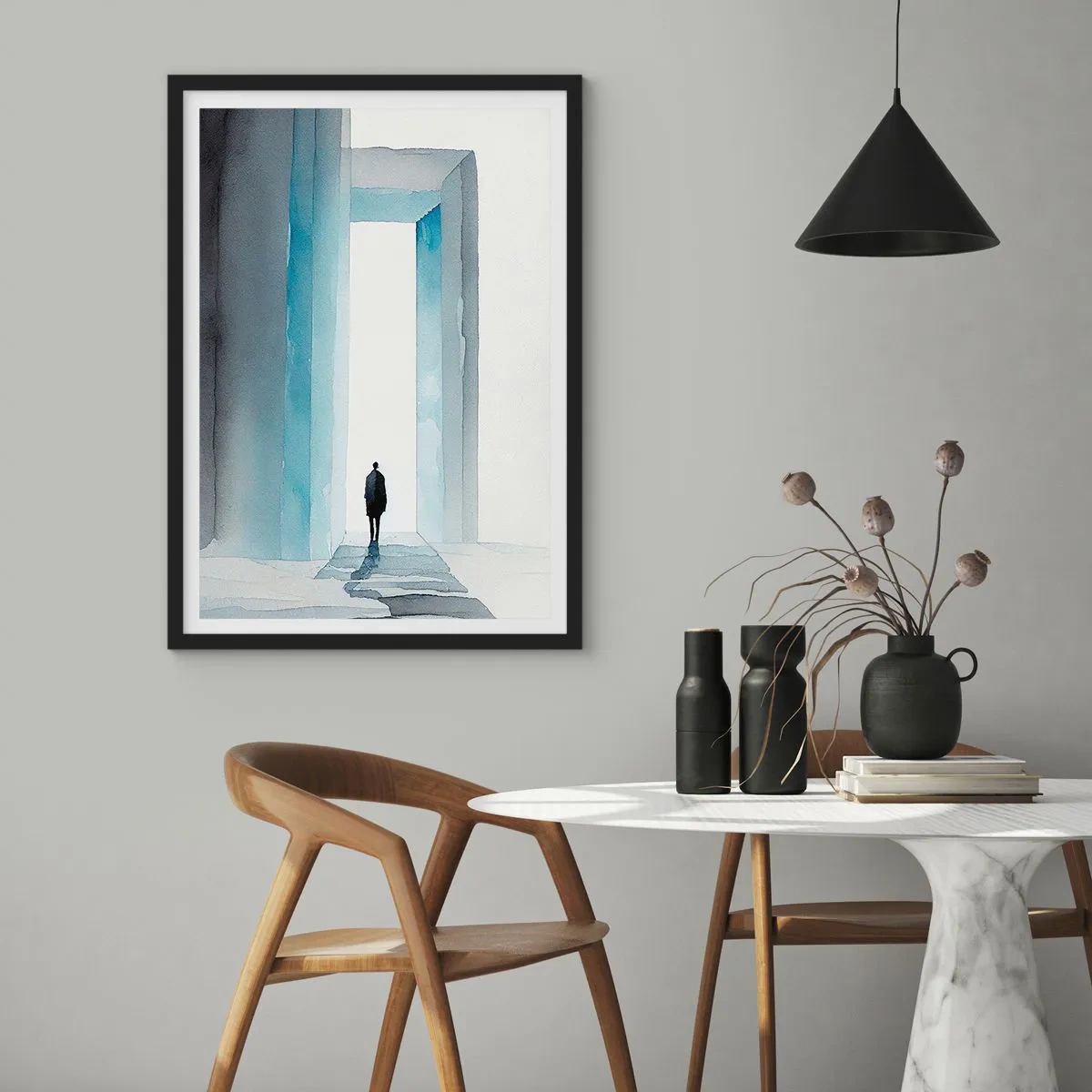 Poster în ramă neagră - O figură care trece printr-o poartă albastră, simbolizând libertatea și posibilitățile nelimitate - 50x70cm - Trăiește fără limite - Decorațiune modernă pentru perete pentru living și dormitor ARTTOR