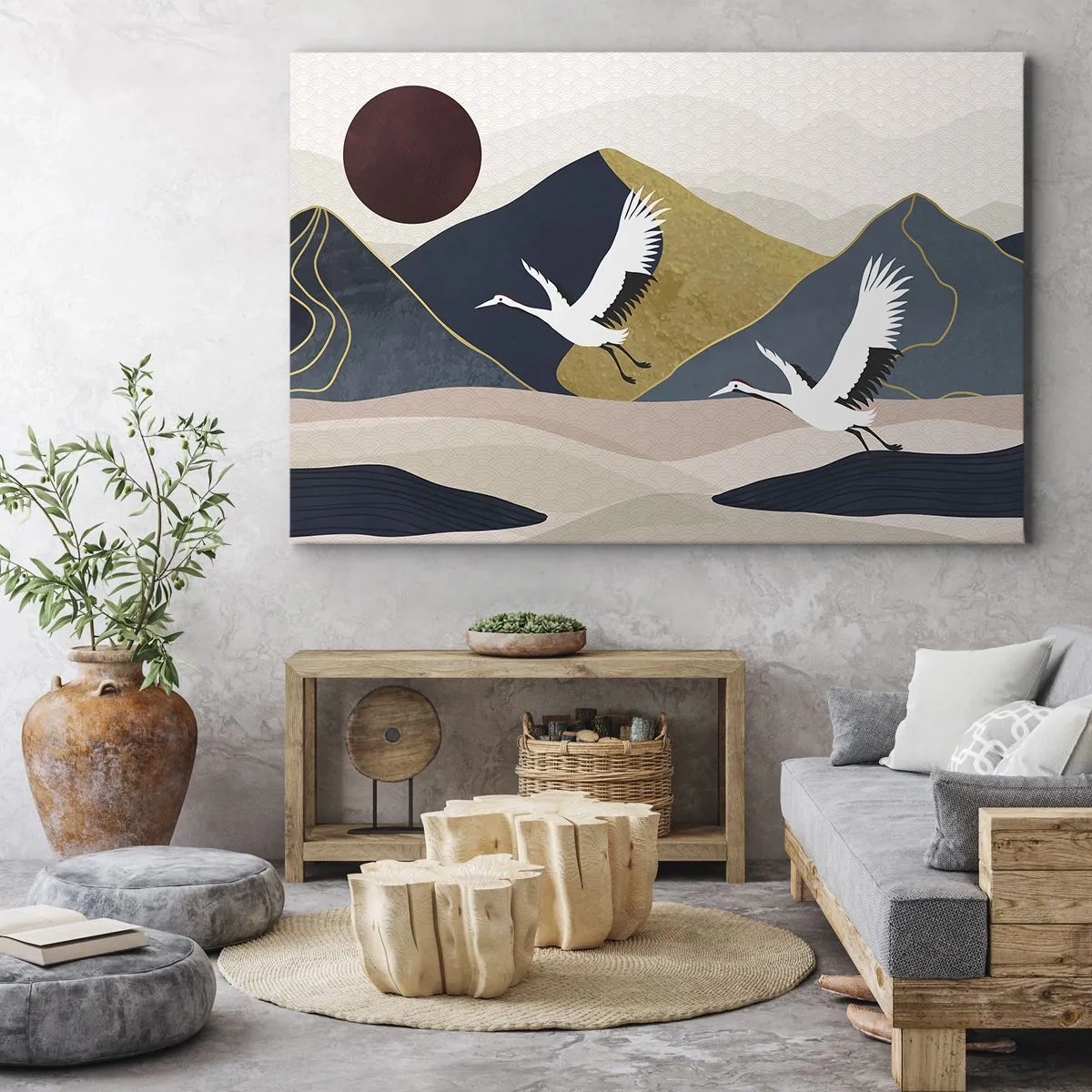 Tablou pe pânză Canvas - Macarale în zbor pe fundalul munților și al unui soare roșu - 70x50cm - Și ziua a zburat din nou - Decorațiune modernă pentru perete pentru living și dormitor ARTTOR